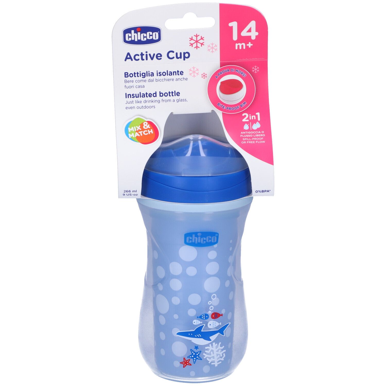 Bicchiere blu con pois bianchi e coperchio blu. Stampa: pesci, marchio Chicco, Active Cup, 14m+.