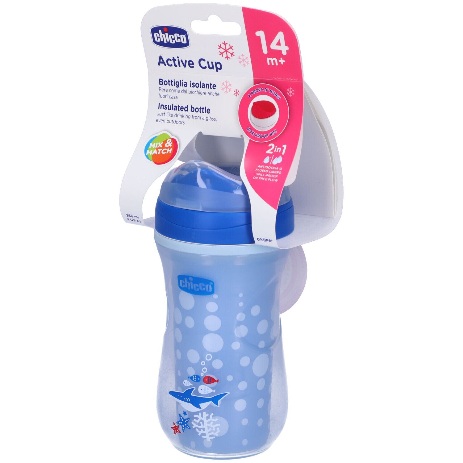 Bicchiere blu con pois bianchi e coperchio blu. Stampa: pesci, marchio Chicco, Active Cup, 14m+.
