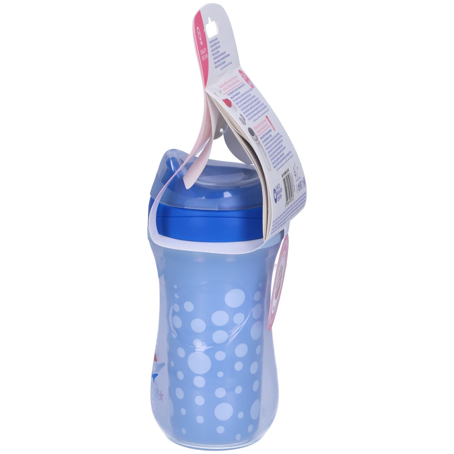 Bicchiere blu con pois bianchi e coperchio blu. Stampa: pesci, marchio Chicco, Active Cup, 14m+.