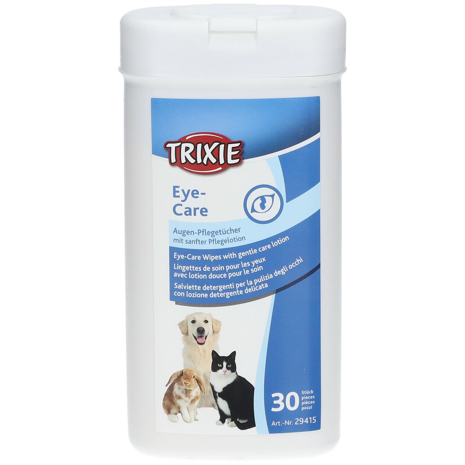 Confezione bianca con scritta blu. Contiene salviette per occhi. Scritta: TRIXIE Eye-Care. Immagine di cane, gatto e coniglio. 30 pezzi.