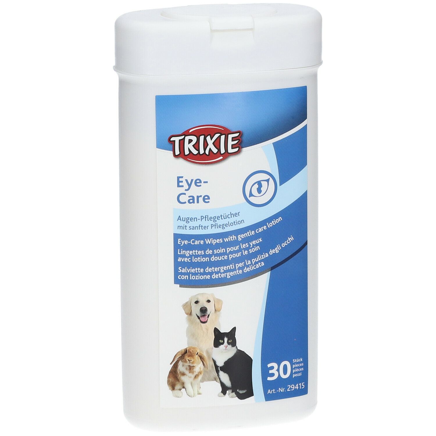 Confezione bianca con scritta blu. Contiene salviette per occhi. Scritta: TRIXIE Eye-Care. Immagine di cane, gatto e coniglio. 30 pezzi.
