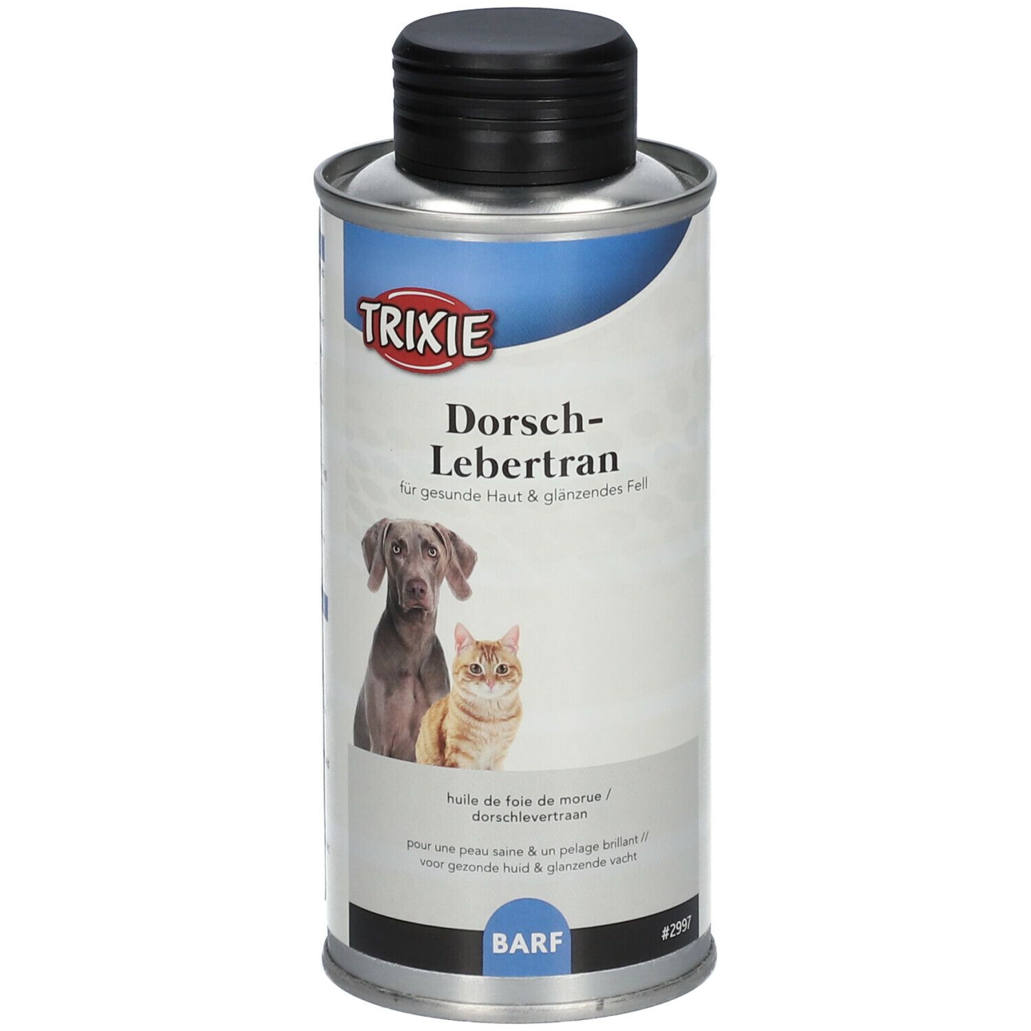 Contenitore metallico con coperchio nero. Scritta: TRIXIE, Olio di fegato di merluzzo. Immagine di cane e gatto. Logo BARF.