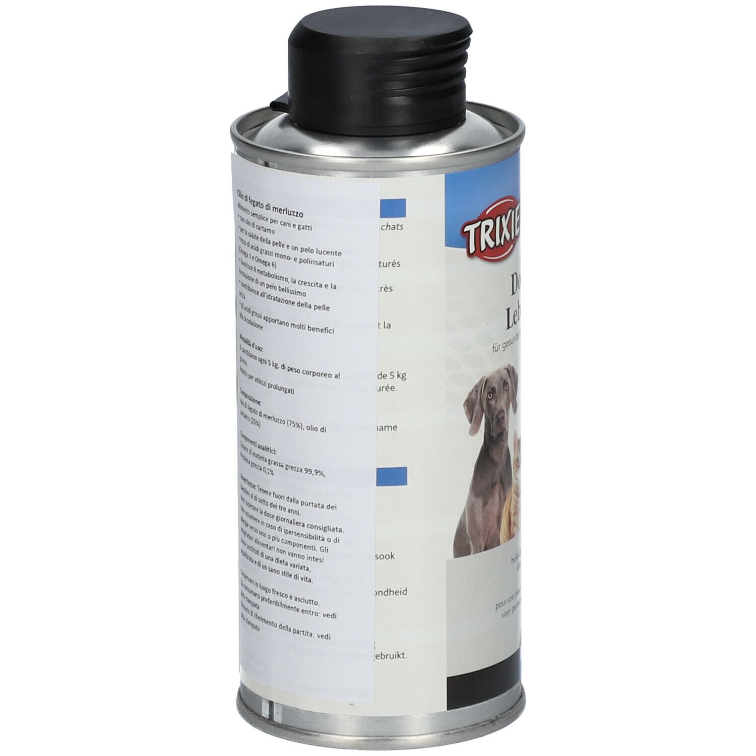 Contenitore metallico con coperchio nero. Scritta: TRIXIE. Testo multilingue. Immagine di cane e gatto. Segni blu.