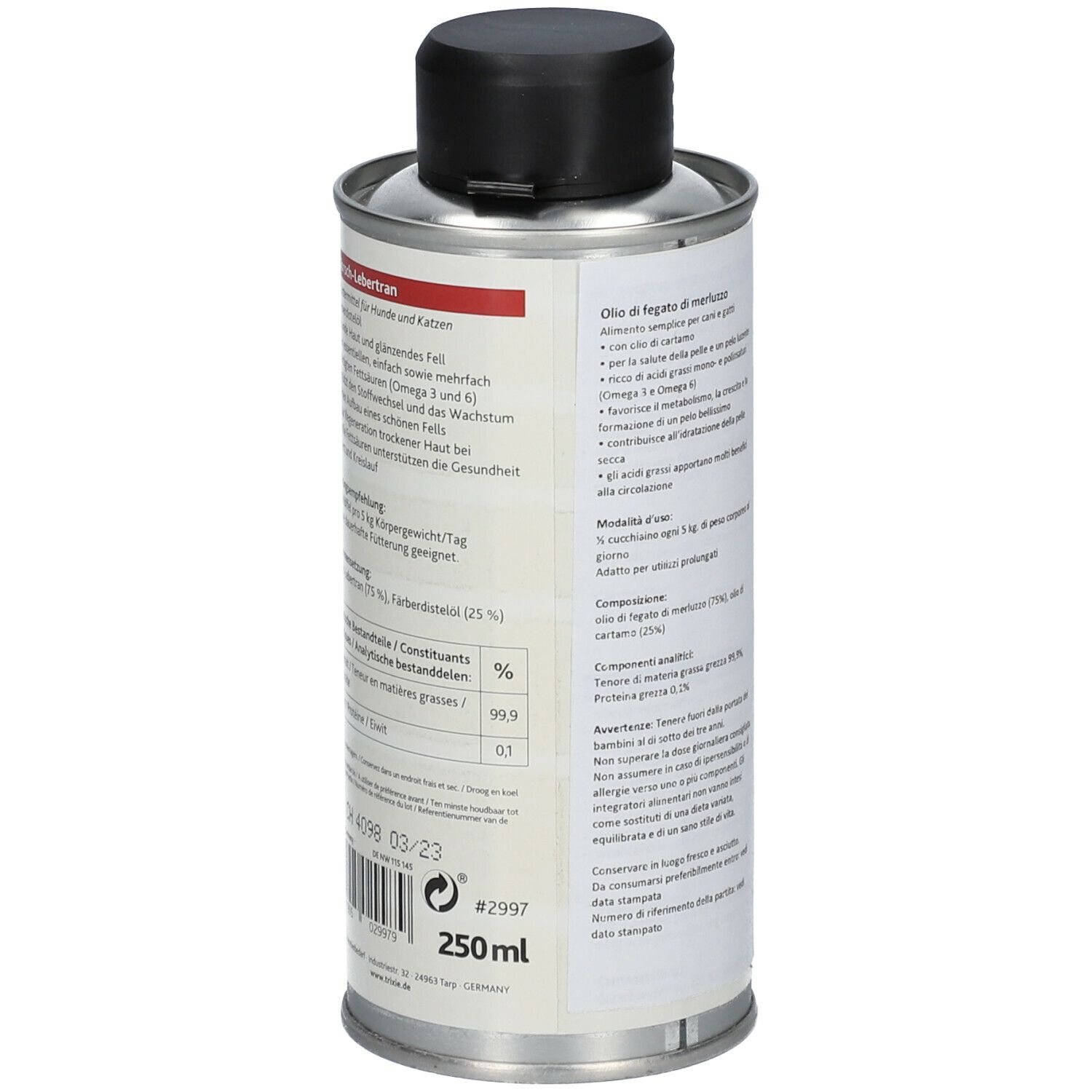 Contenitore metallico con coperchio nero. Testo in tedesco e italiano. Informazioni sugli ingredienti e il dosaggio. 250ml.