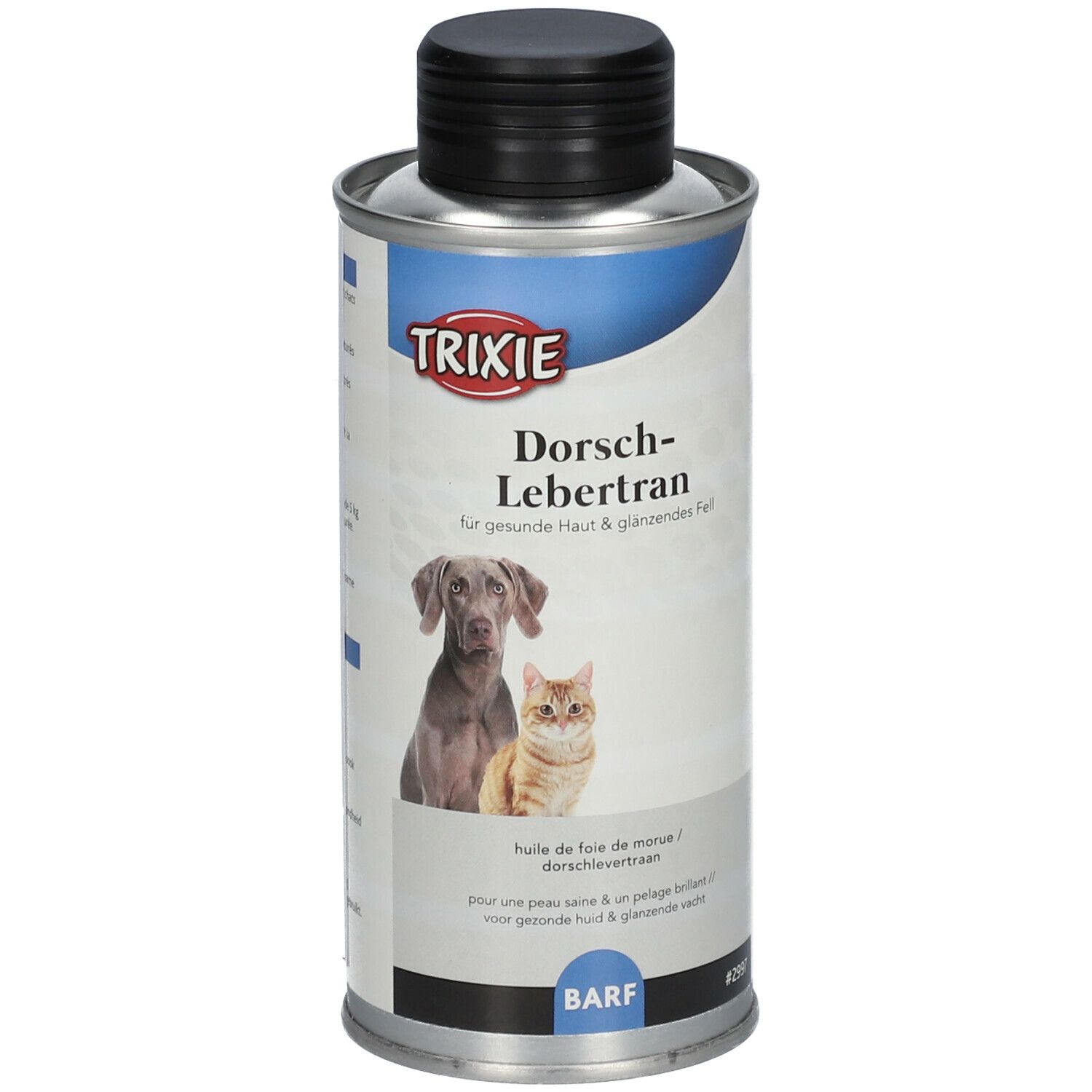 Contenitore metallico con coperchio nero. Scritta: TRIXIE, Olio di fegato di merluzzo. Immagine di cane e gatto. Logo BARF.