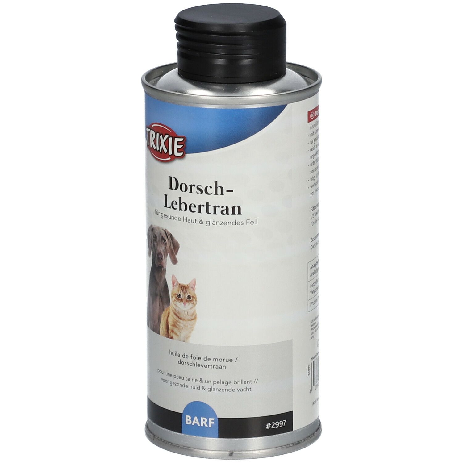 Contenitore metallico con coperchio nero. Scritta: TRIXIE, Olio di fegato di merluzzo. Immagine di cane e gatto. Logo BARF.