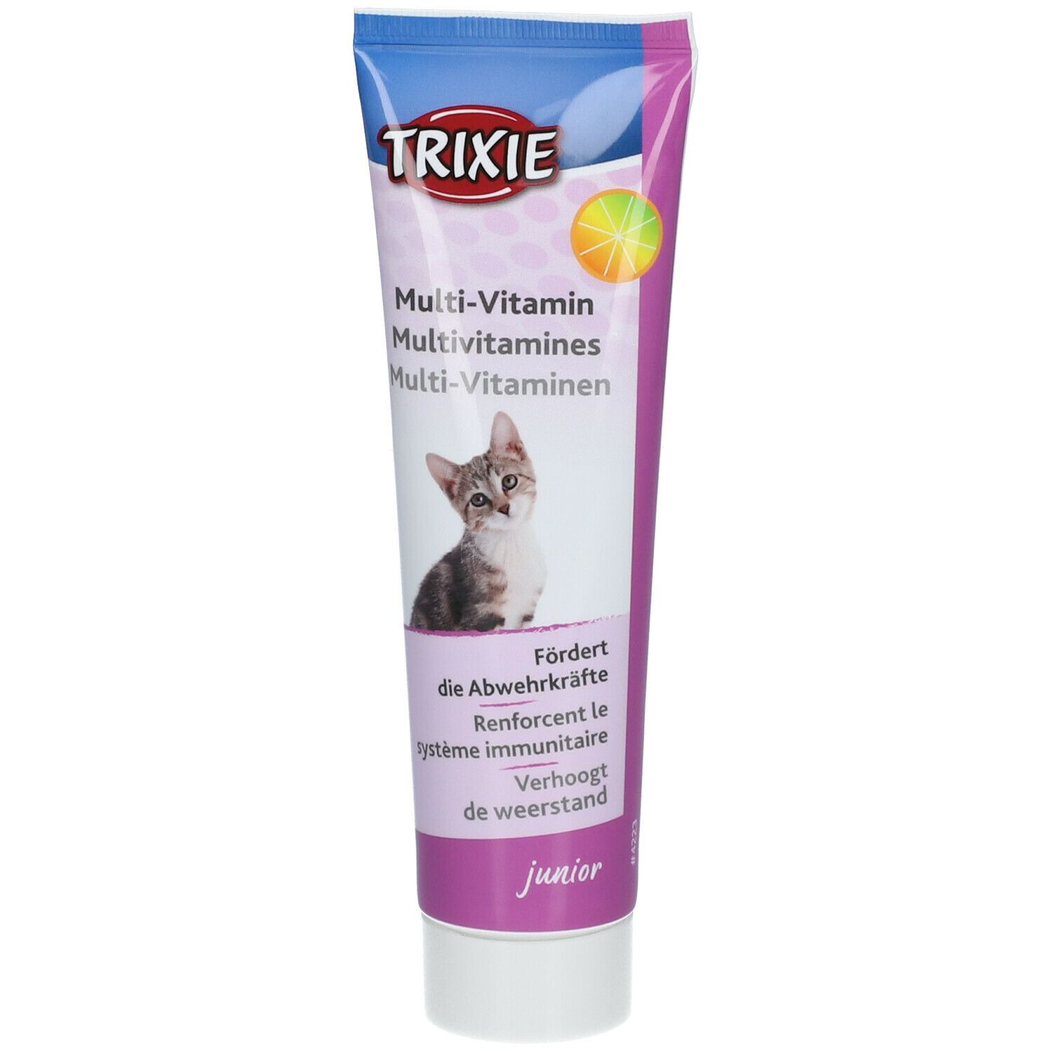 Tubo di TRIXIE Multivitaminico per Gattini. Immagine del prodotto e testo. Informazioni per rafforzare il sistema immunitario.
