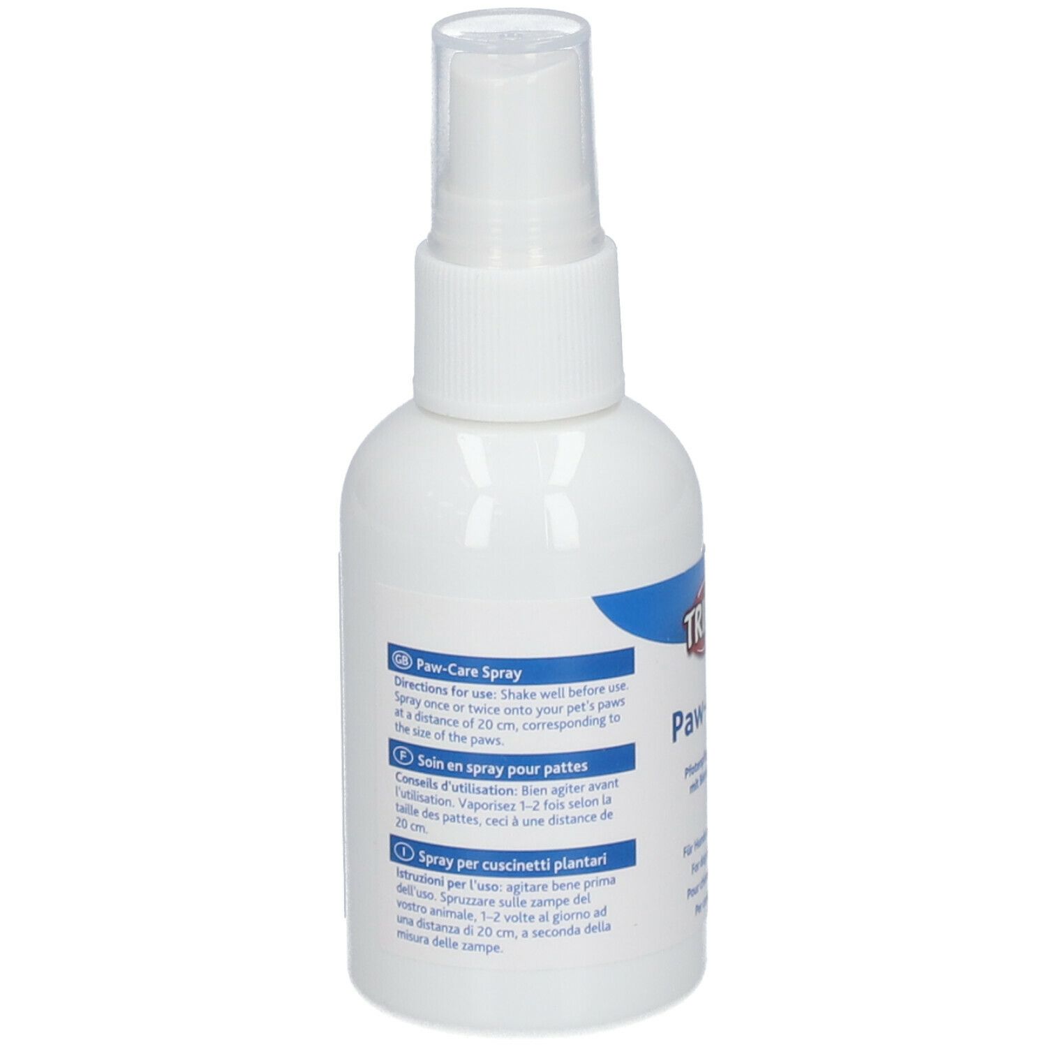 Retro del flacone spray bianco. Testo in tedesco, francese e italiano. Nome prodotto: Paw-Care Spray.