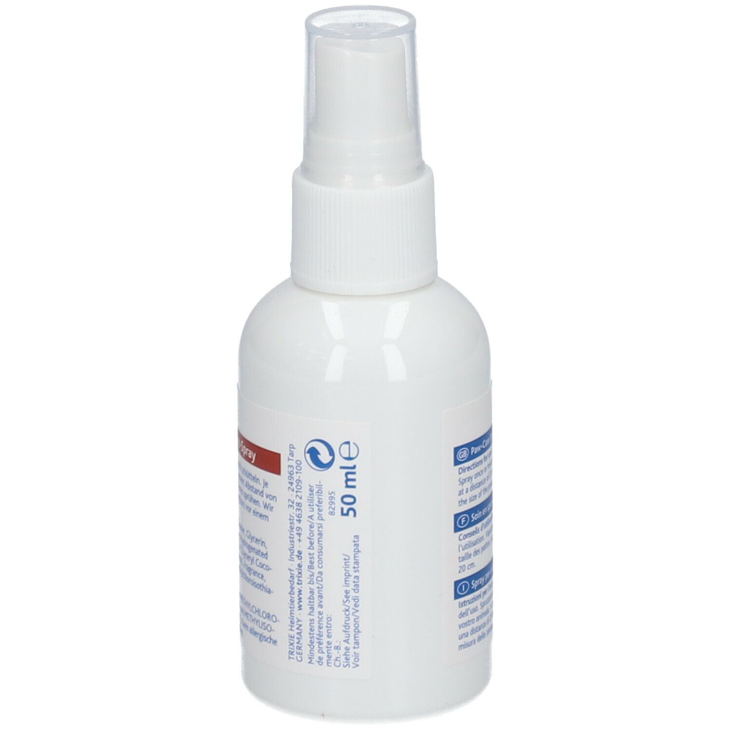 Flacone spray bianco con etichetta blu. Scritta: TRIXIE Paw-Care. 50 ml. Informazioni sull'uso.