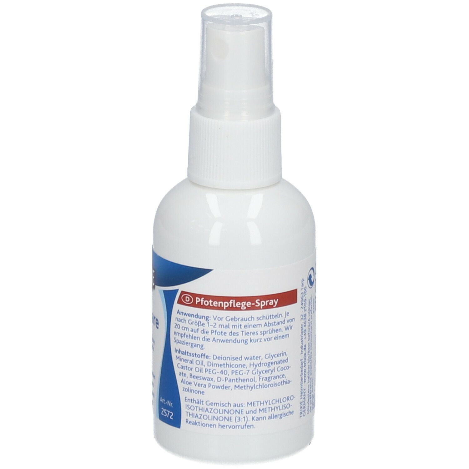 Flacone spray bianco con etichetta blu. Scritta: TRIXIE Paw-Care. Ingredienti e istruzioni per l'uso.