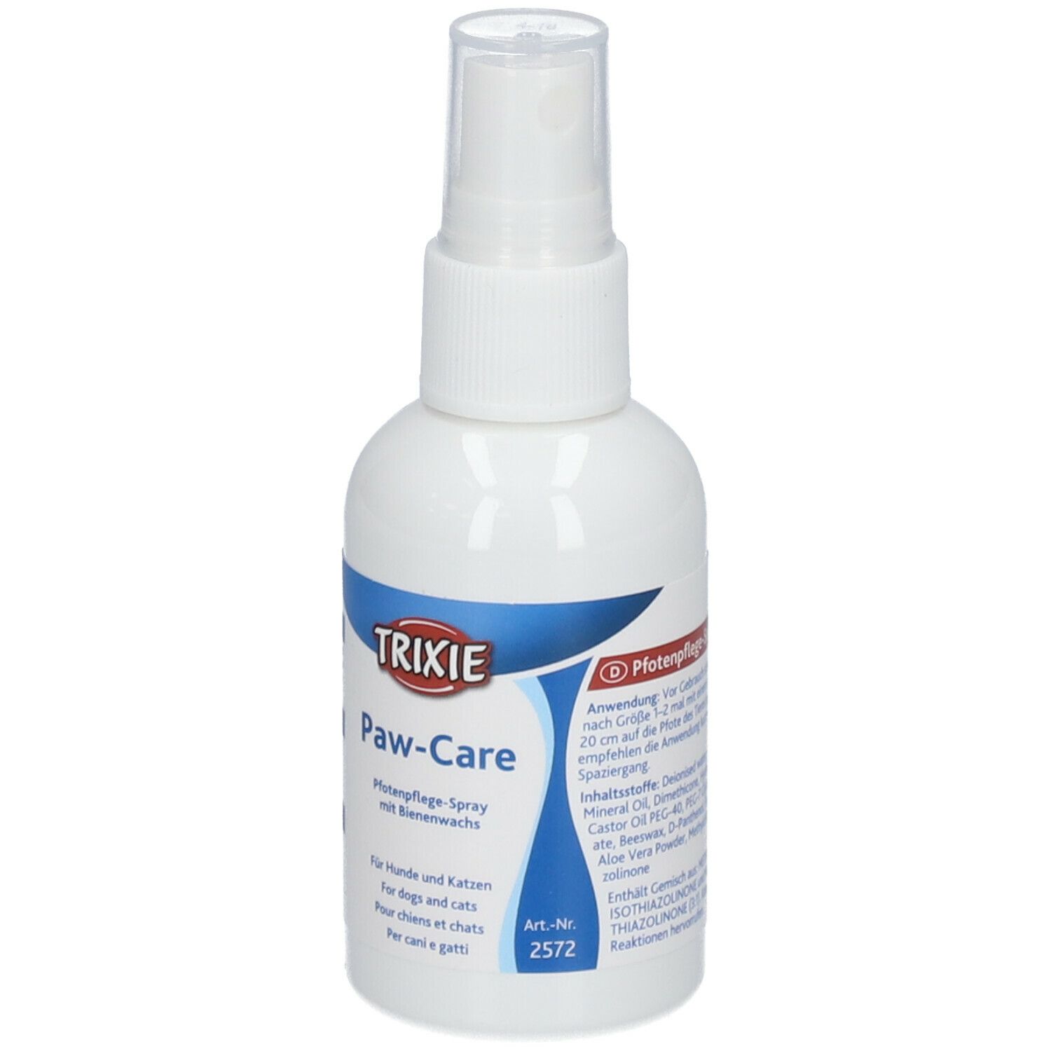 Flacone spray bianco con etichetta blu. Scritta: TRIXIE Paw-Care. Per cani e gatti. Art.-Nr. 2572.