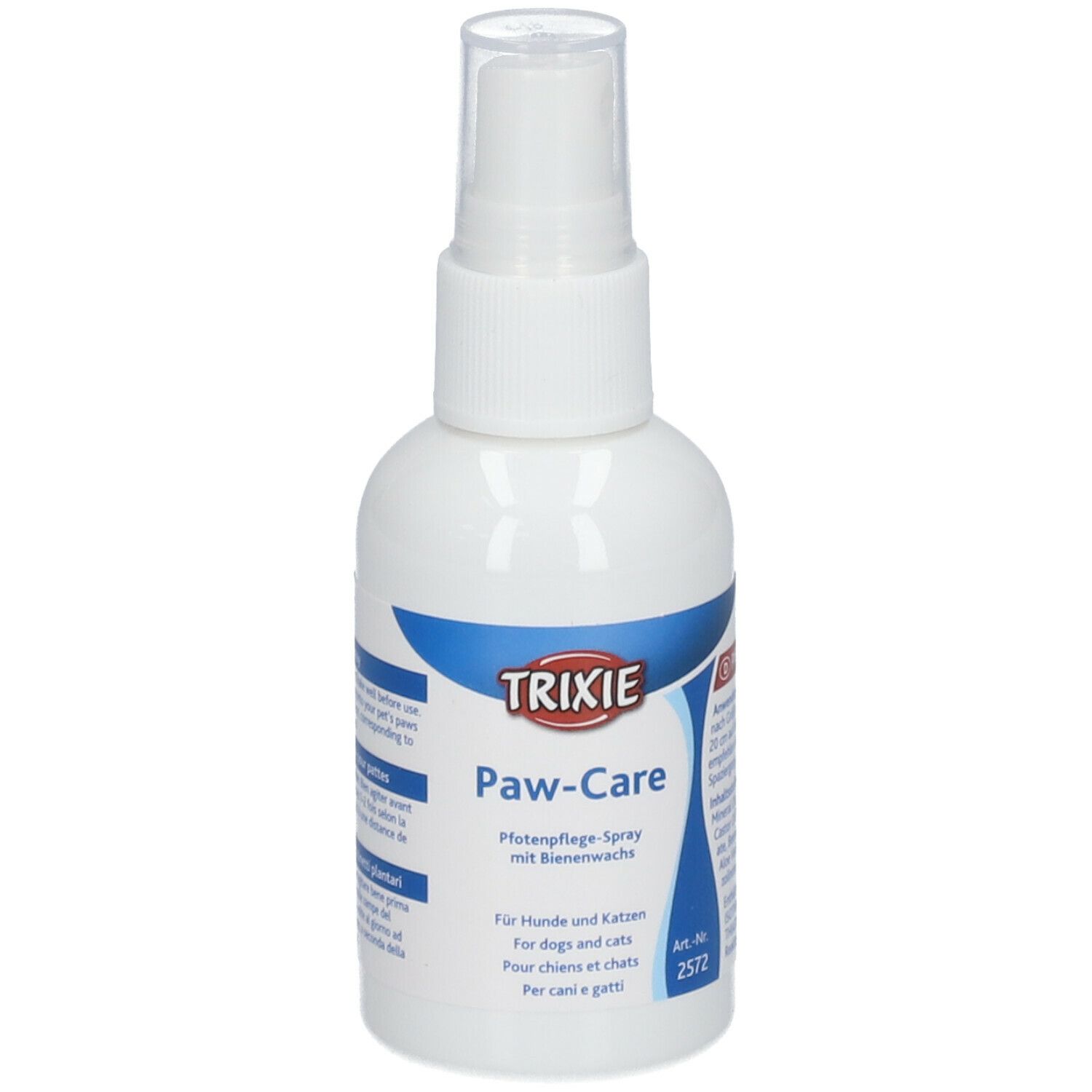 Flacone spray bianco con etichetta blu. Scritta: TRIXIE Paw-Care. Per cani e gatti. Art.-Nr. 2572.