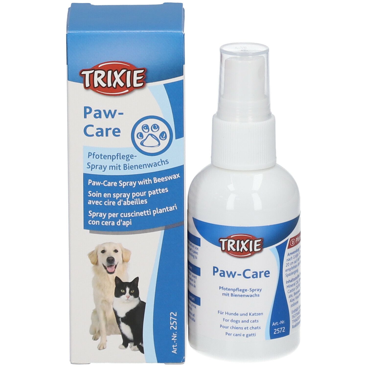 Confezione del prodotto e flacone spray. Scritta: TRIXIE Paw-Care. Immagine di cane e gatto. Art.-Nr. 2572.