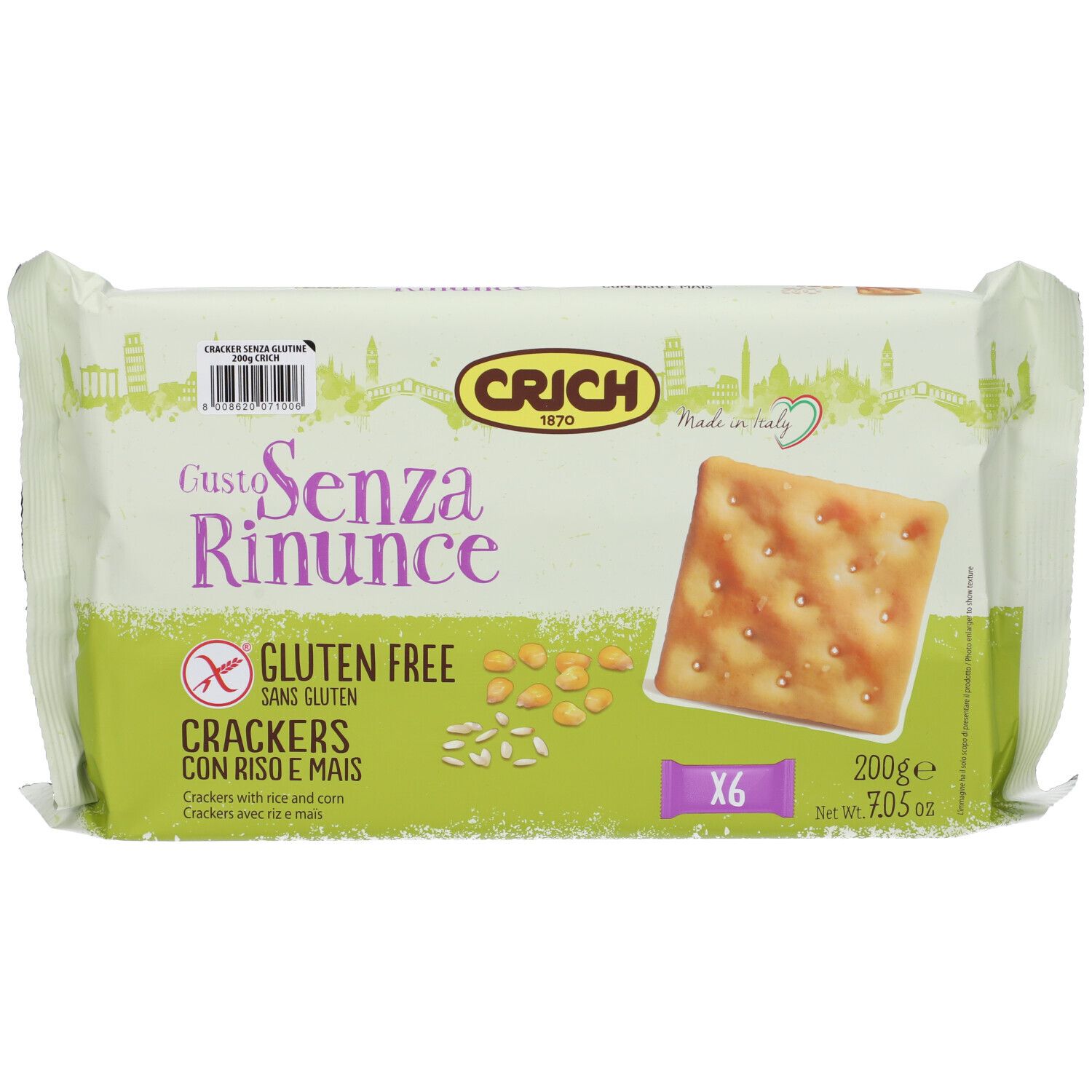 Confezione di cracker senza glutine. Marchio CRICH. Scritta: Gusto Senza Rinunce, Crackers con riso e mais. Confezione da 6, 200g.