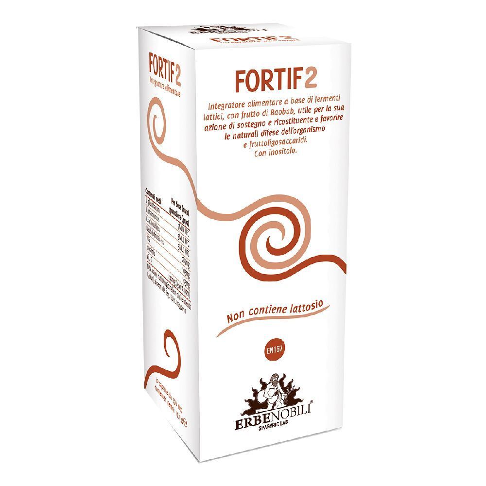 Scatola bianca con nome prodotto FORTIF2. Testo in italiano. Logo Erbenobili.