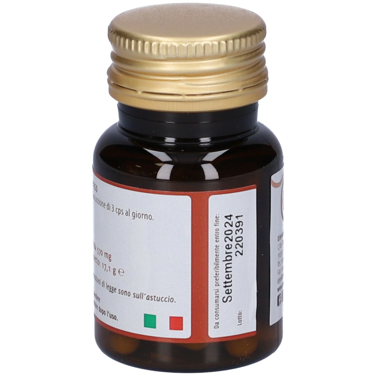 Flacone di vetro marrone con tappo dorato. Etichetta con data di scadenza e informazioni sul prodotto.