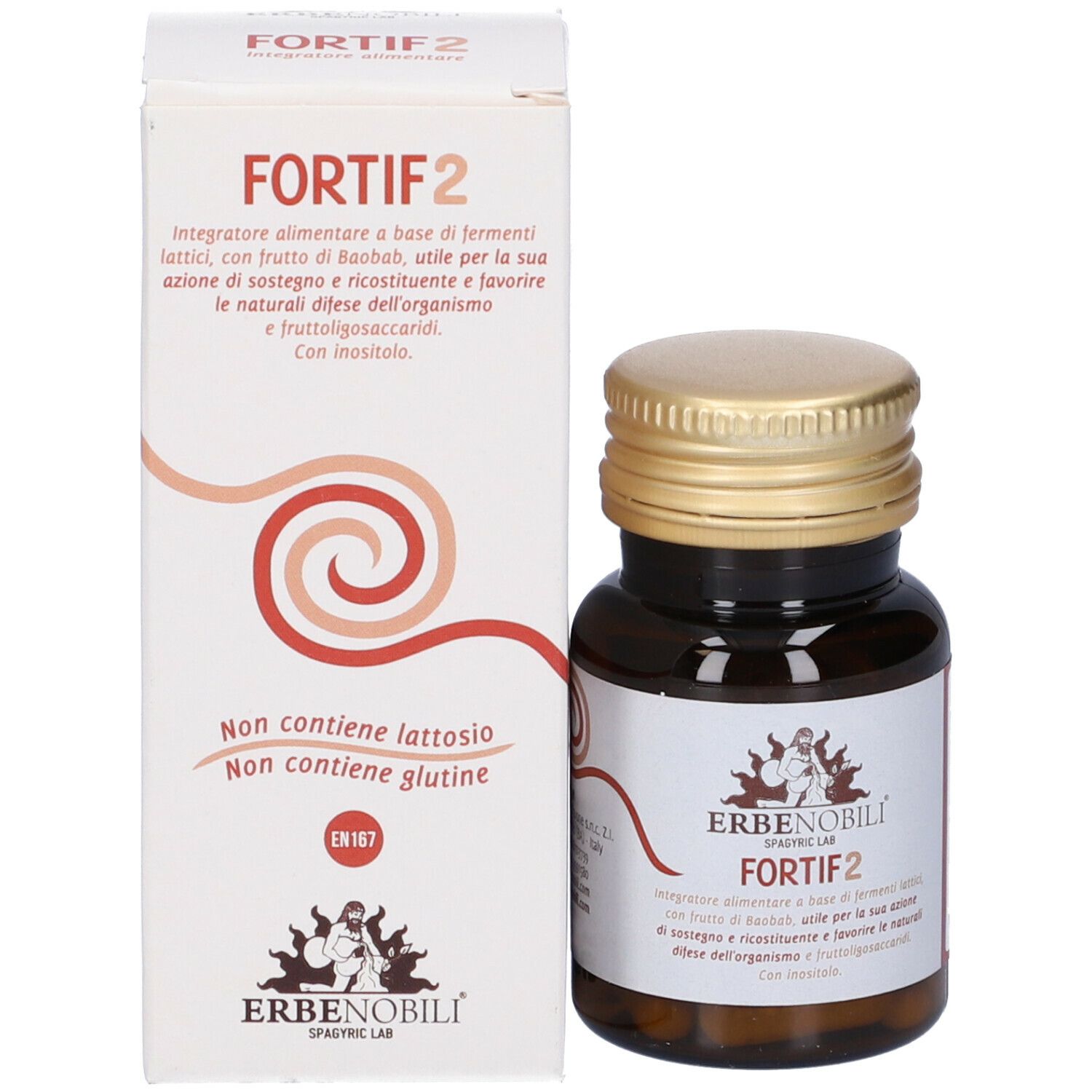 Confezione del prodotto e flacone. Scatola bianca con nome prodotto FORTIF2 e flacone marrone.