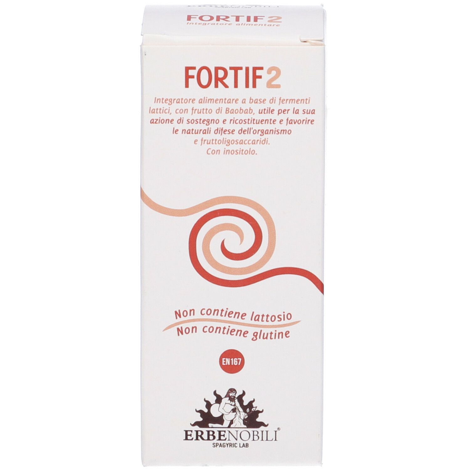 Scatola bianca con nome prodotto FORTIF2. Testo in italiano. Logo Erbenobili.