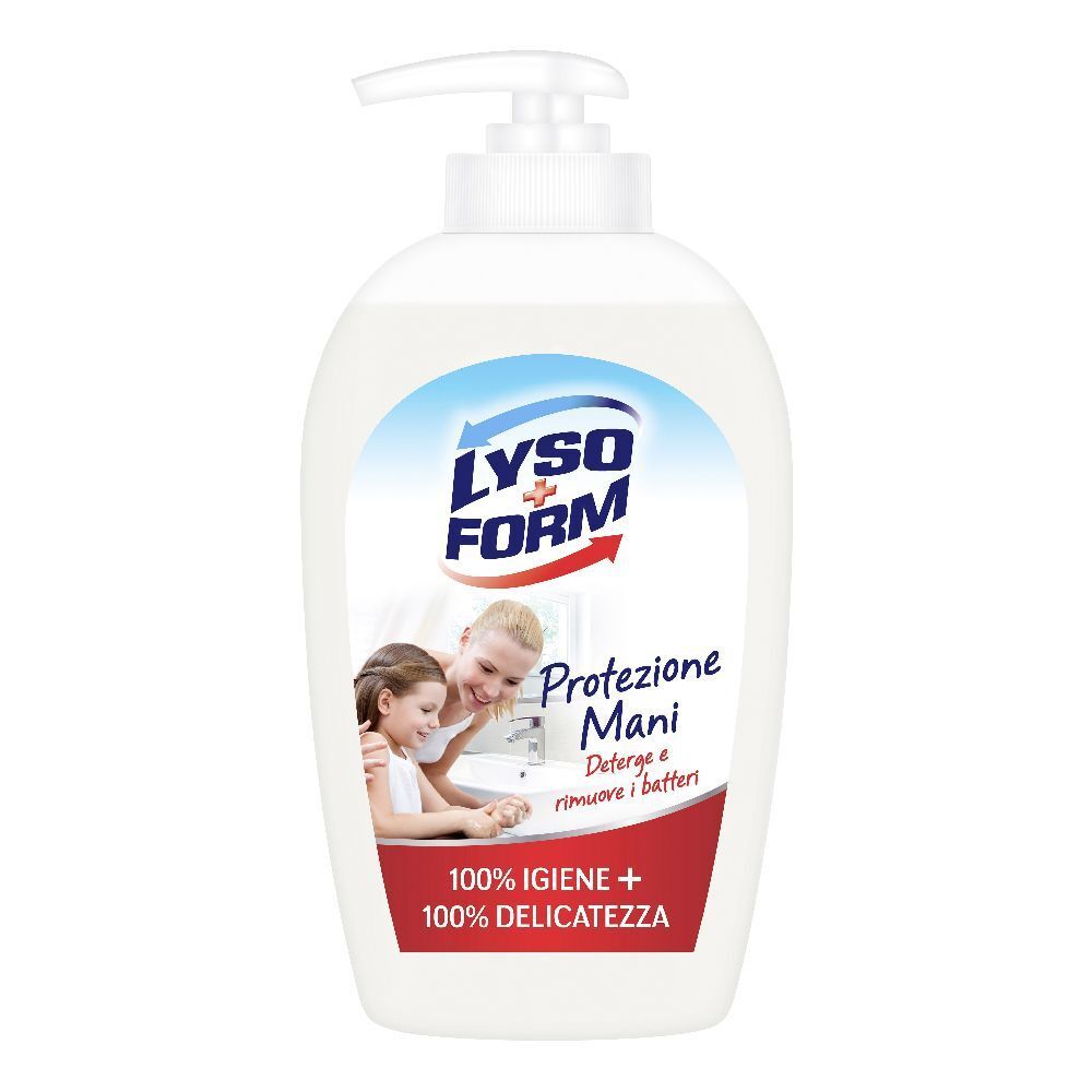 Dispenser bianco con pompa. Etichetta con logo, testo e immagine di madre e figlia. Testo: 'Protezione Mani'.