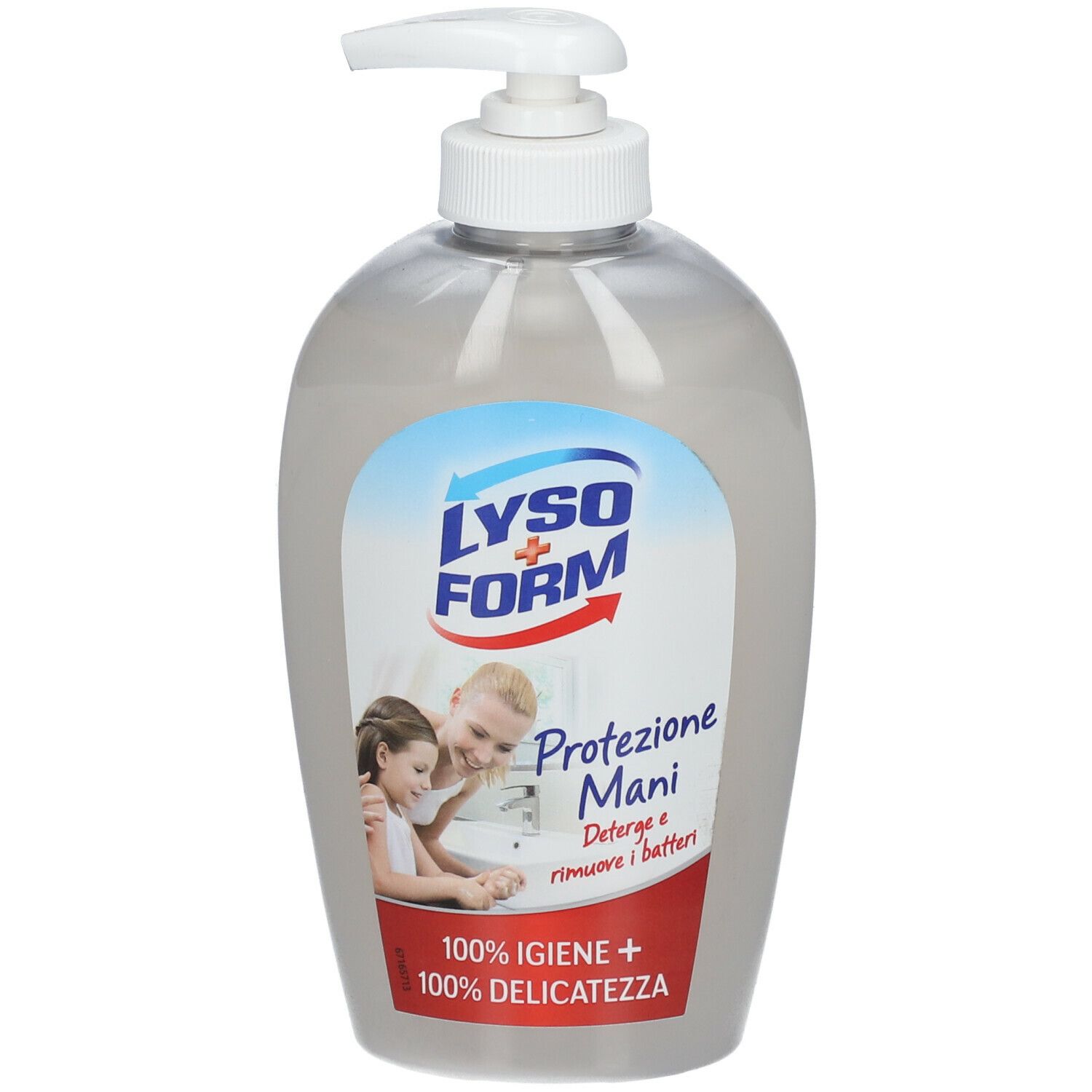 Dispenser trasparente con pompa. Etichetta con logo, testo e immagine di madre e figlia. Testo: 'Protezione Mani'.