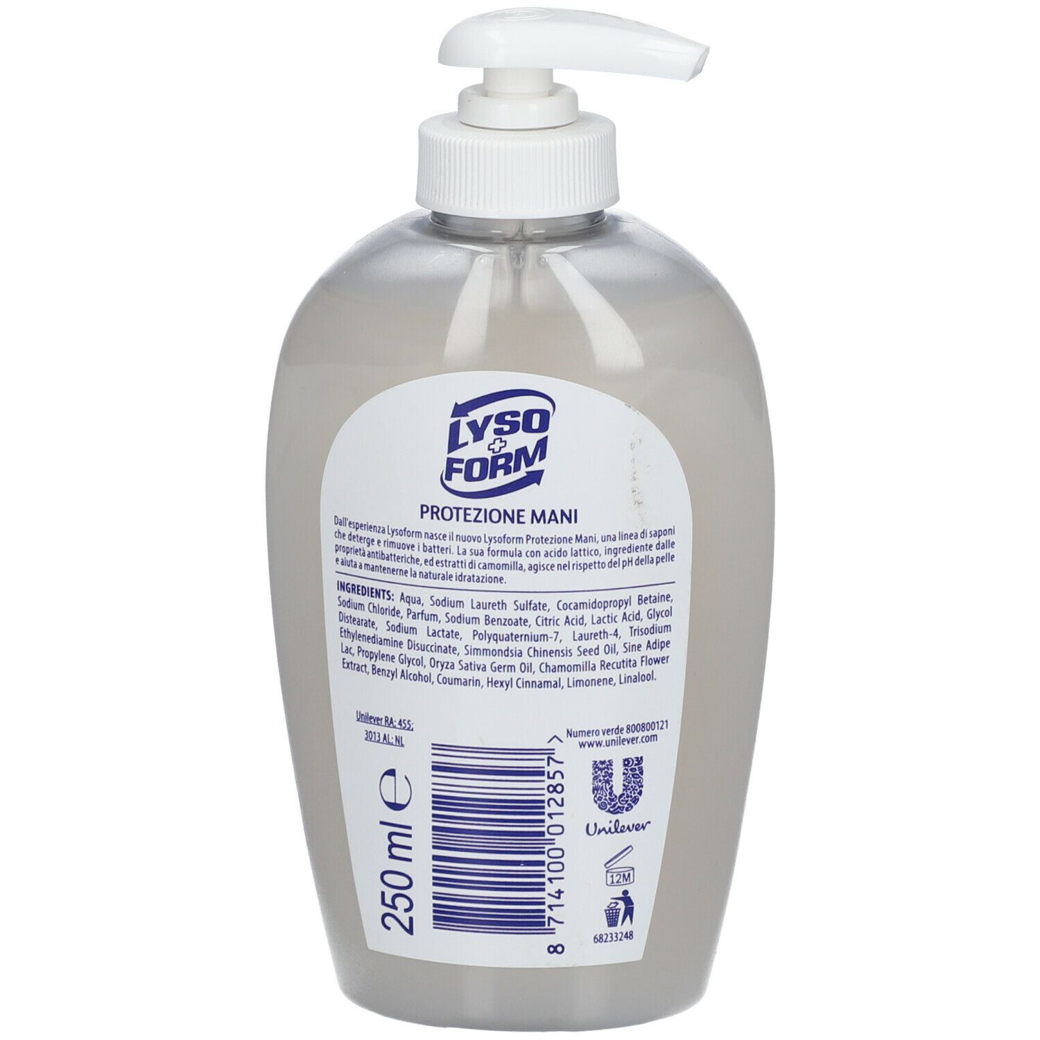 Dispenser trasparente con pompa. Retro con testo e codice a barre. Testo: '250 ml'.