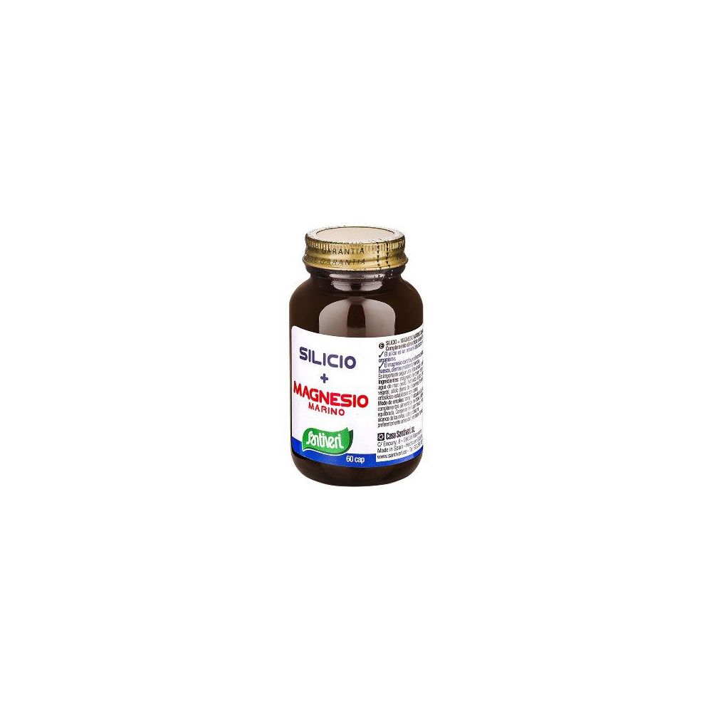 Flacone di vetro marrone con capsule. Scritta: Silicio + Magnesio Marino. Marca: Santiveri. 60 capsule.