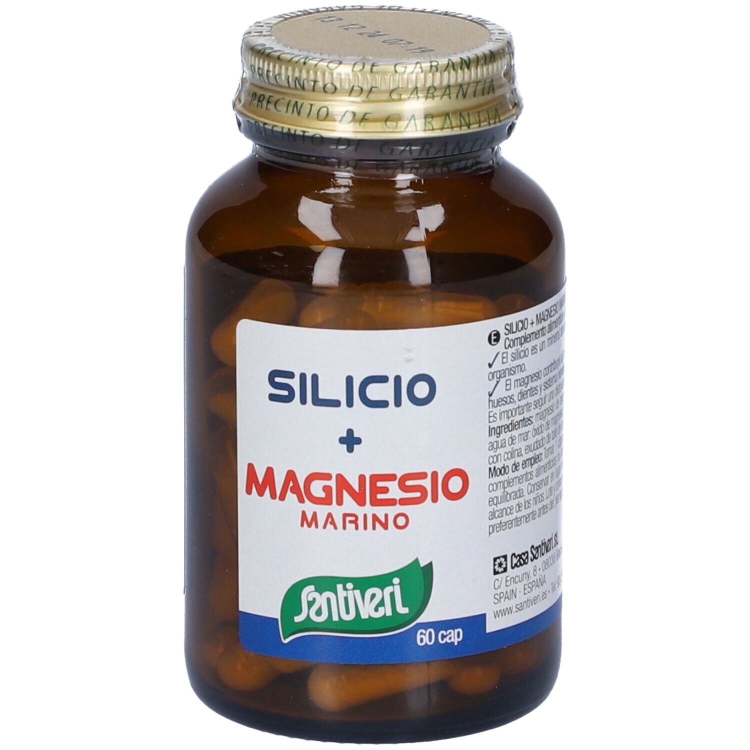 Flacone di vetro marrone con capsule. Scritta: Silicio + Magnesio Marino. Marca: Santiveri. 60 capsule.