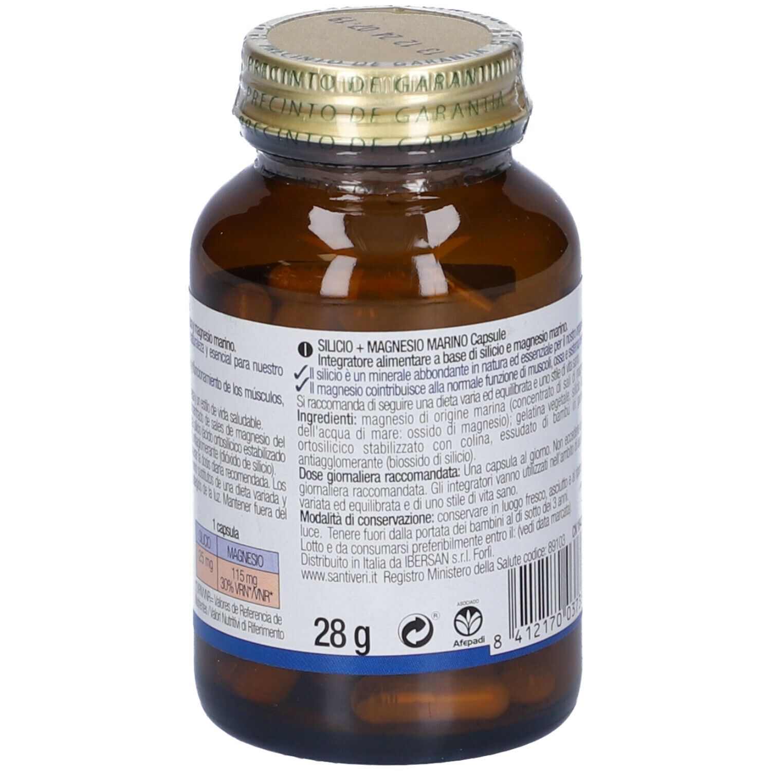 Flacone di vetro marrone con capsule. Scritta: Silicio + Magnesio Marino. Marca: Santiveri. 28 g.