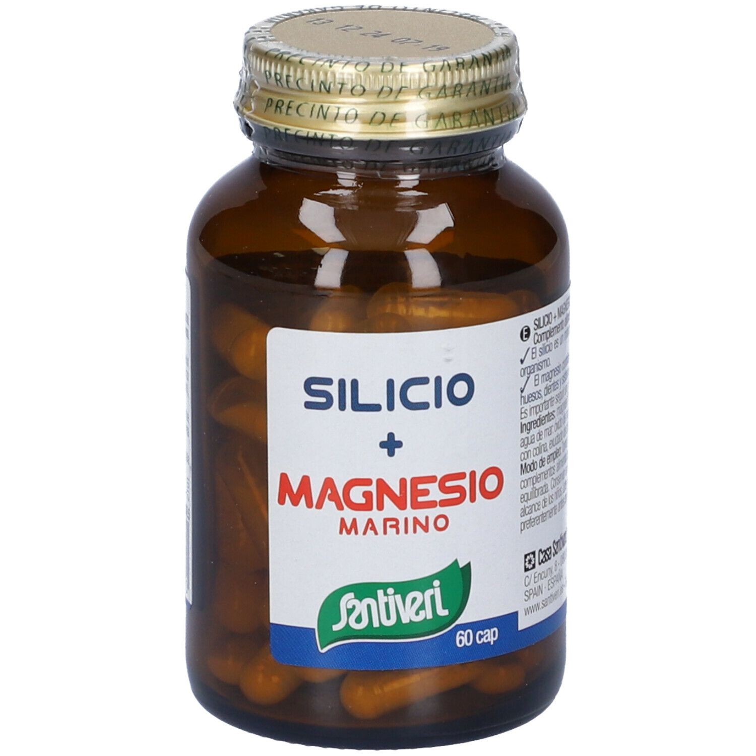 Flacone di vetro marrone con capsule. Scritta: Silicio + Magnesio Marino. Marca: Santiveri. 60 capsule.