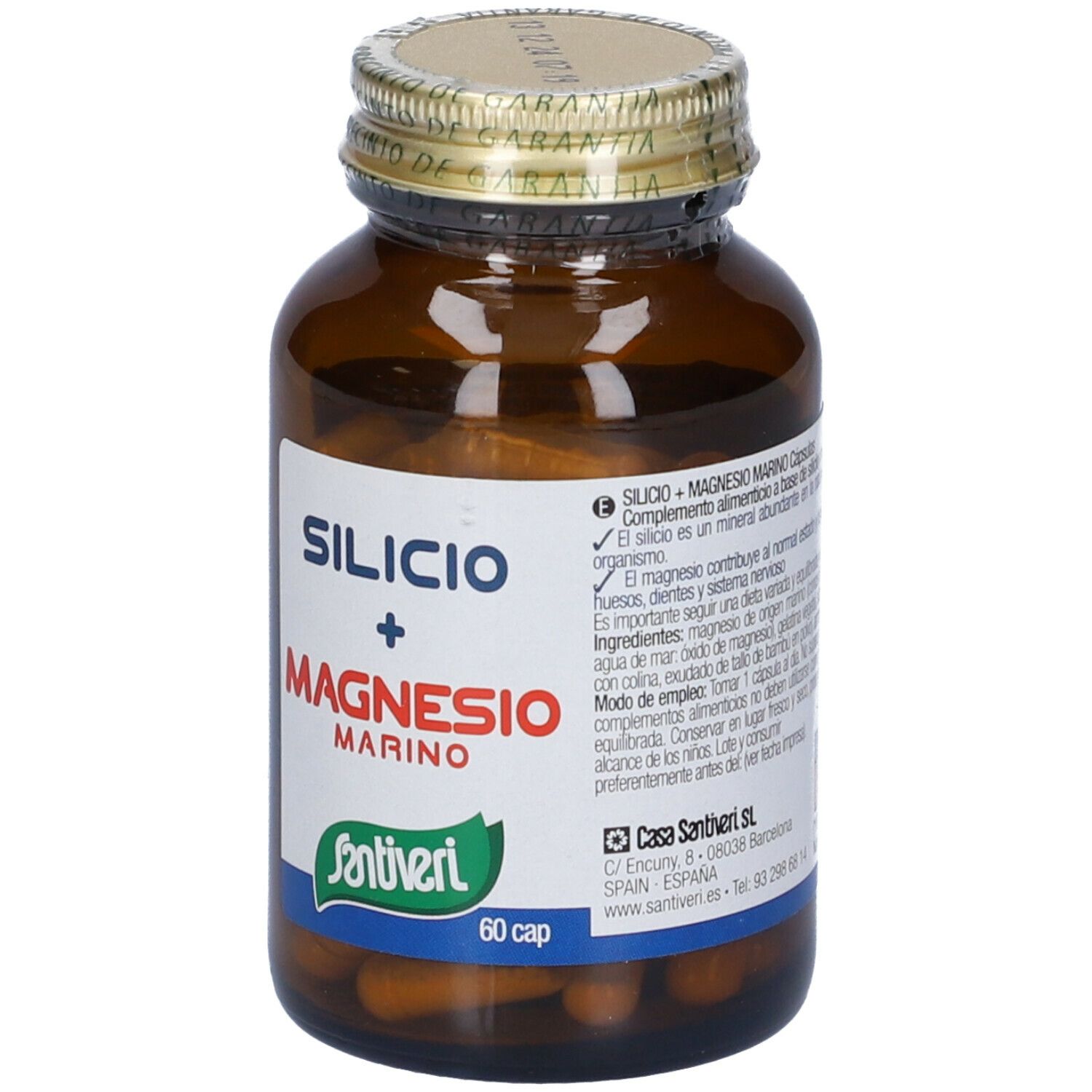Flacone di vetro marrone con capsule. Scritta: Silicio + Magnesio Marino. Marca: Santiveri. 60 capsule.