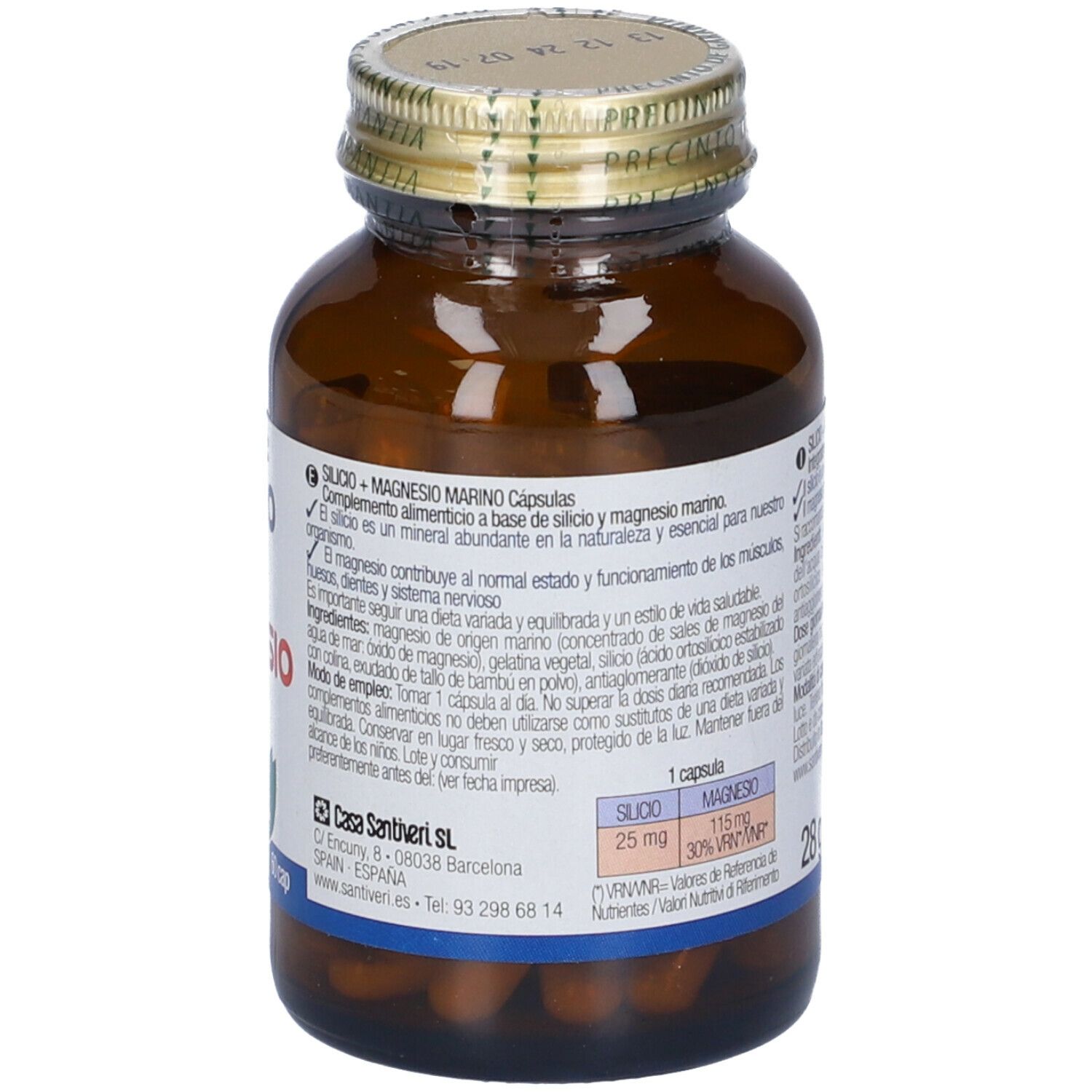 Retro di un flacone di vetro marrone con capsule. Scritta: Silicio + Magnesio Marino. Marca: Santiveri. Informazioni nutrizionali.