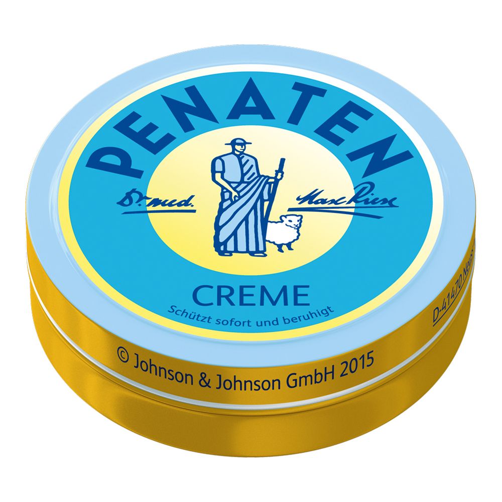 Barattolo rotondo con coperchio blu e bordo dorato. Scritta PENATEN, Crema. Produttore: Johnson & Johnson GmbH 2015.