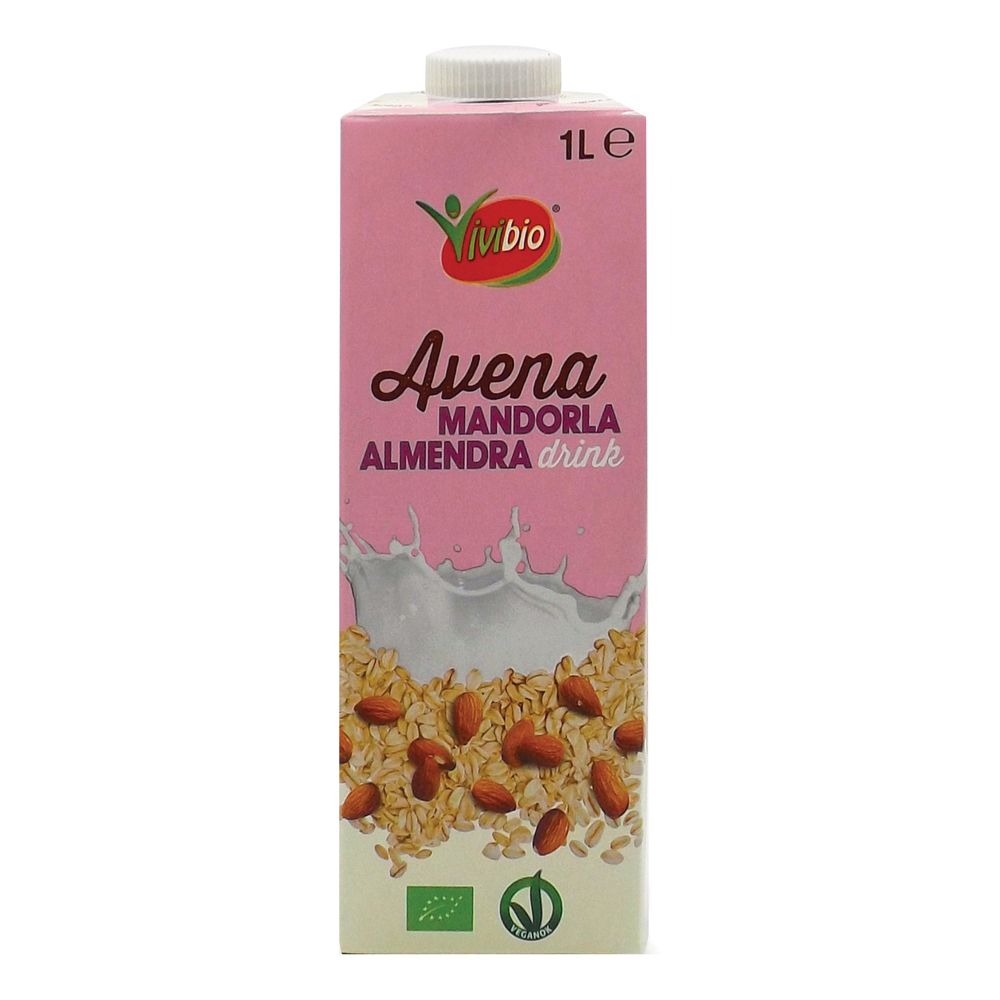 Confezione rosa con logo "Vivibio" e scritta "Avena Mandorla". Contiene avena e mandorle.