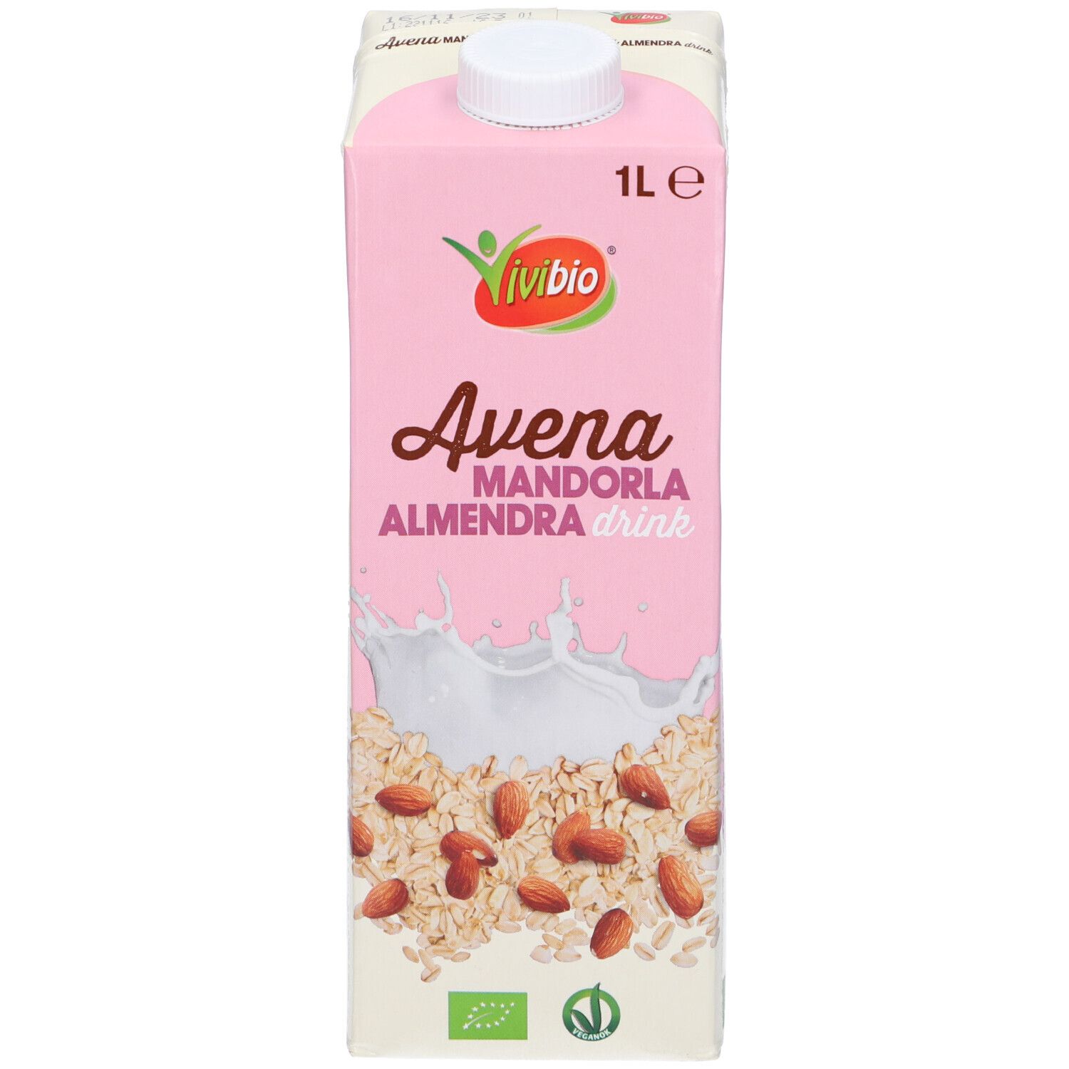 Confezione rosa con logo "Vivibio" e scritta "Avena Mandorla". Contiene avena e mandorle.