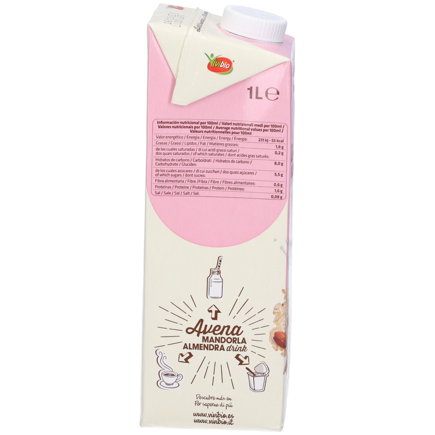 Confezione rosa con informazioni nutrizionali e scritta "Avena Mandorla". Contiene avena e mandorle.