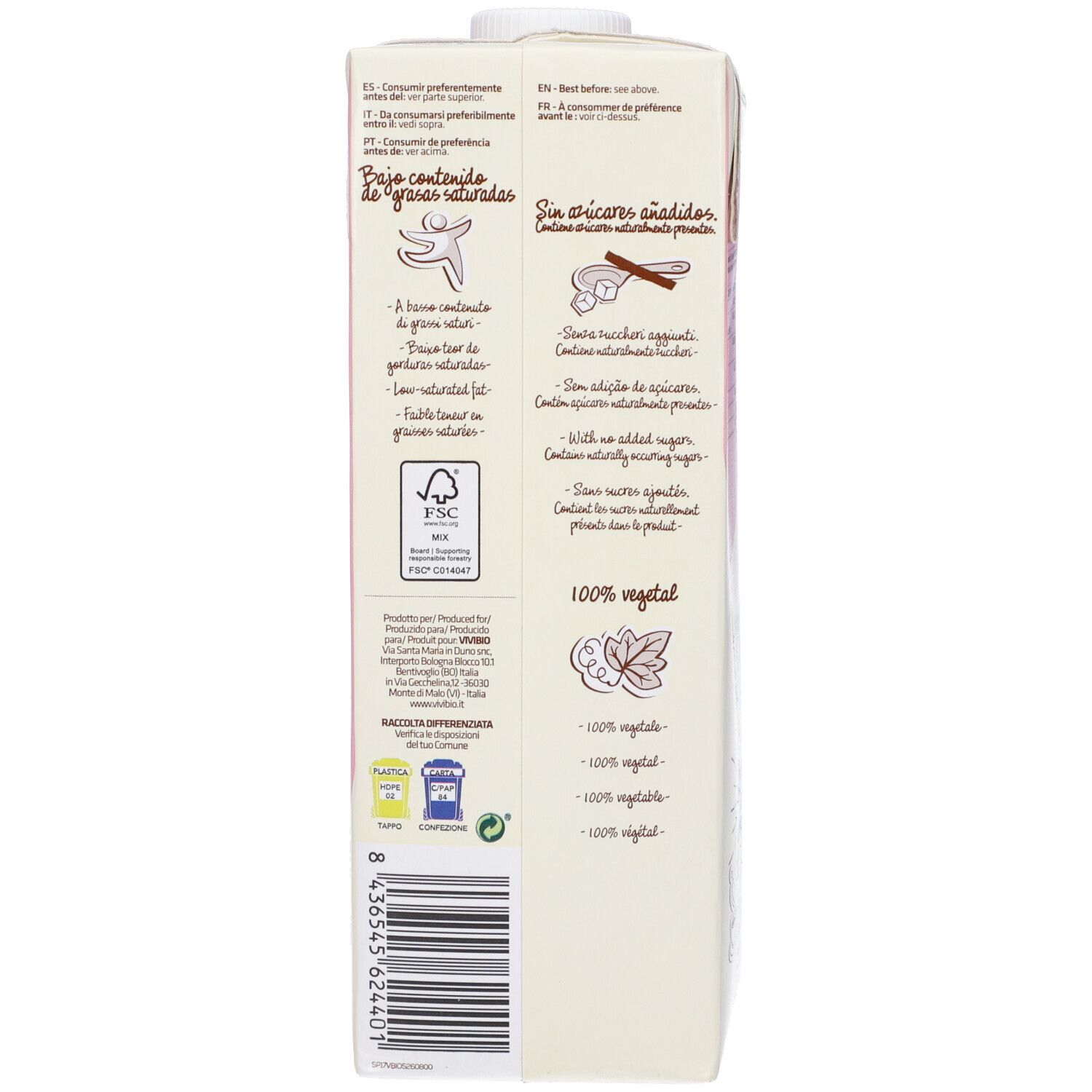 Retro della confezione rosa con testo e loghi. Contiene informazioni sugli ingredienti e certificazioni.