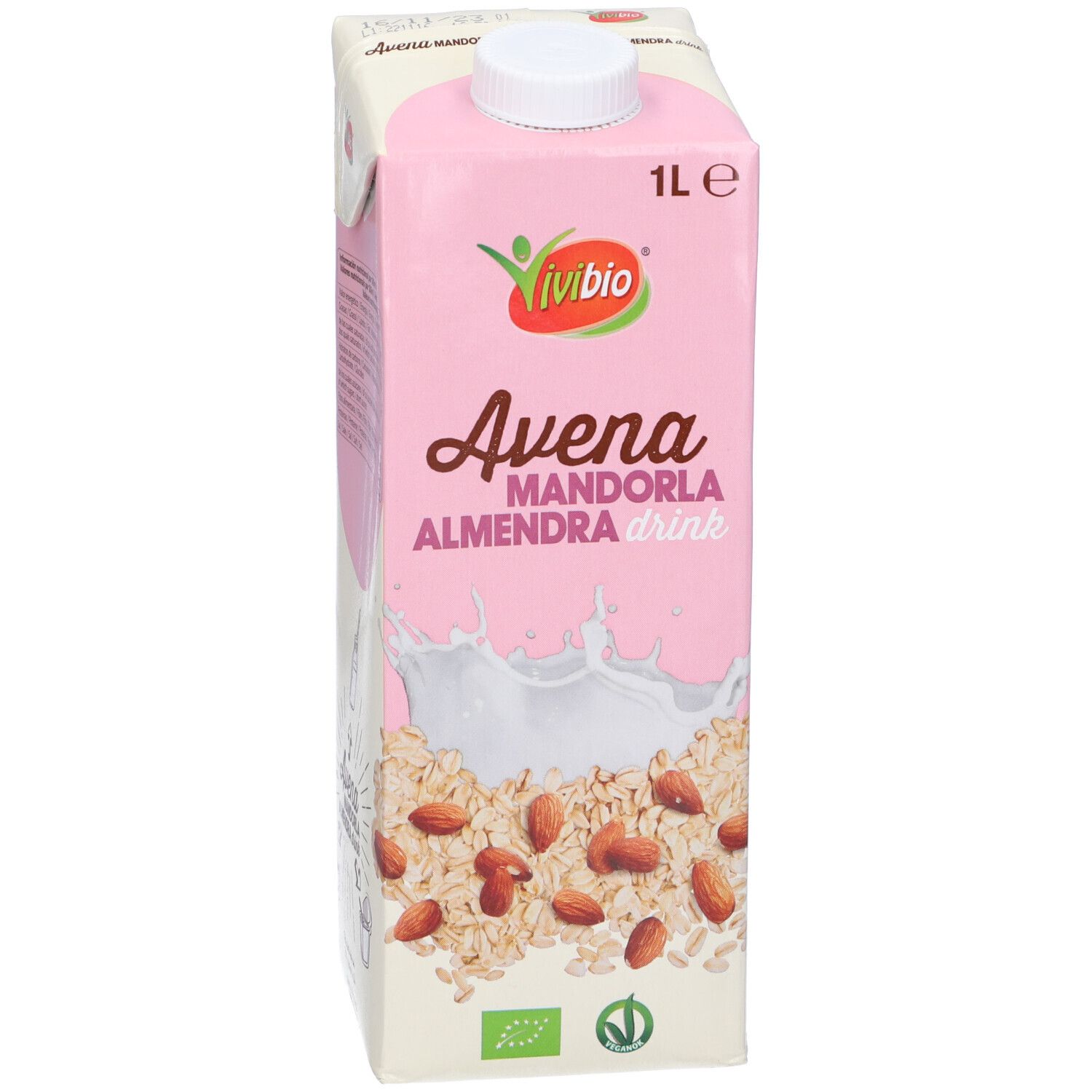 Confezione rosa con logo "Vivibio" e scritta "Avena Mandorla". Contiene avena e mandorle.
