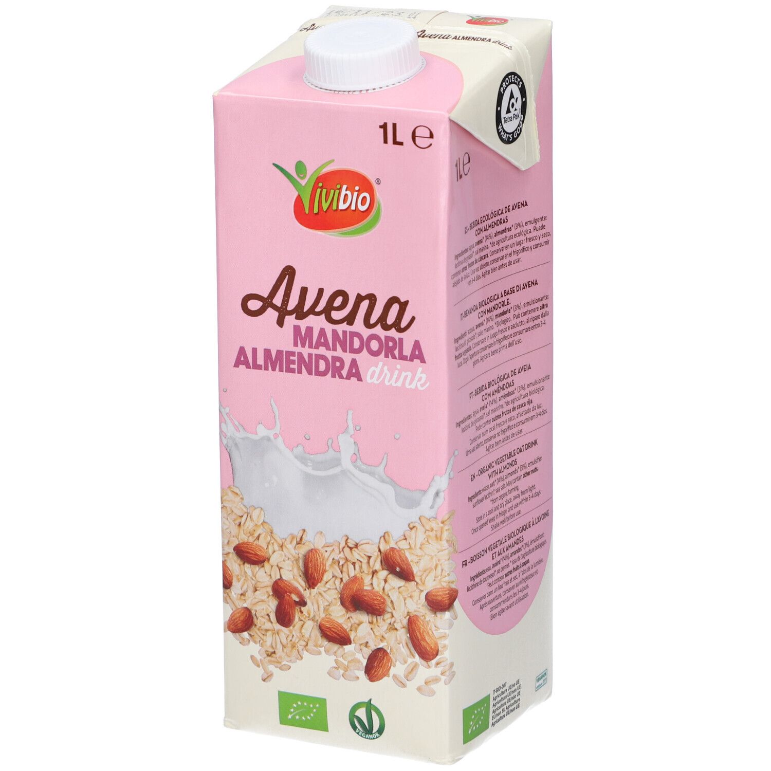 Confezione rosa con logo "Vivibio" e scritta "Avena Mandorla". Contiene avena e mandorle.