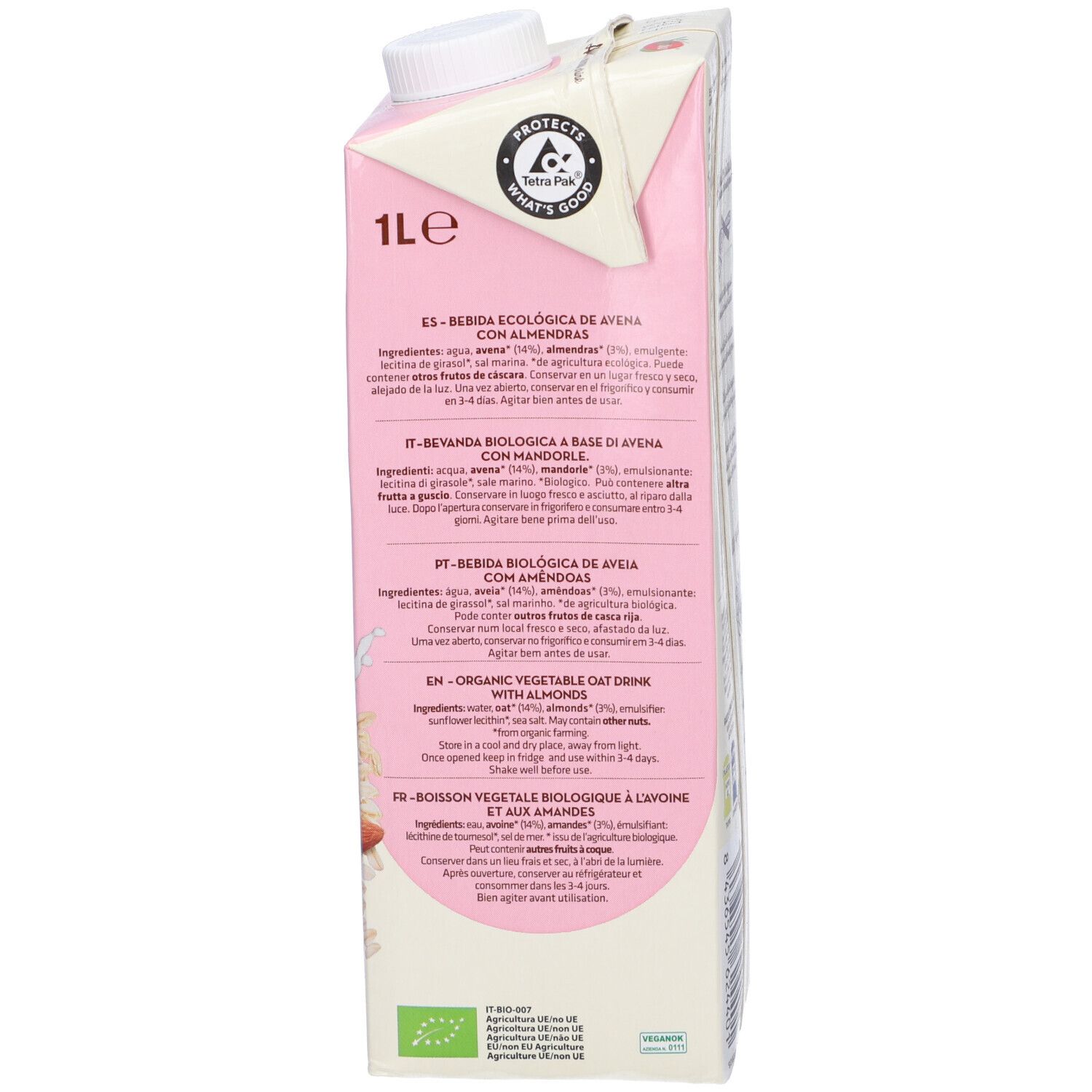 Lato della confezione rosa con ingredienti e certificazioni. Contiene "Avena Mandorla".