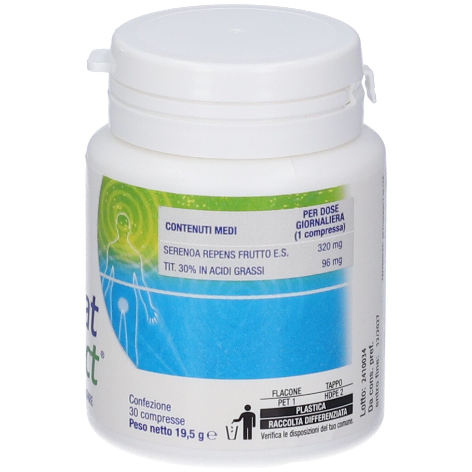 Weiße Flasche mit grün-blauem Etikett. Enthält Informationen zu Inhaltsstoffen und Dosierung. 30 Tabletten.