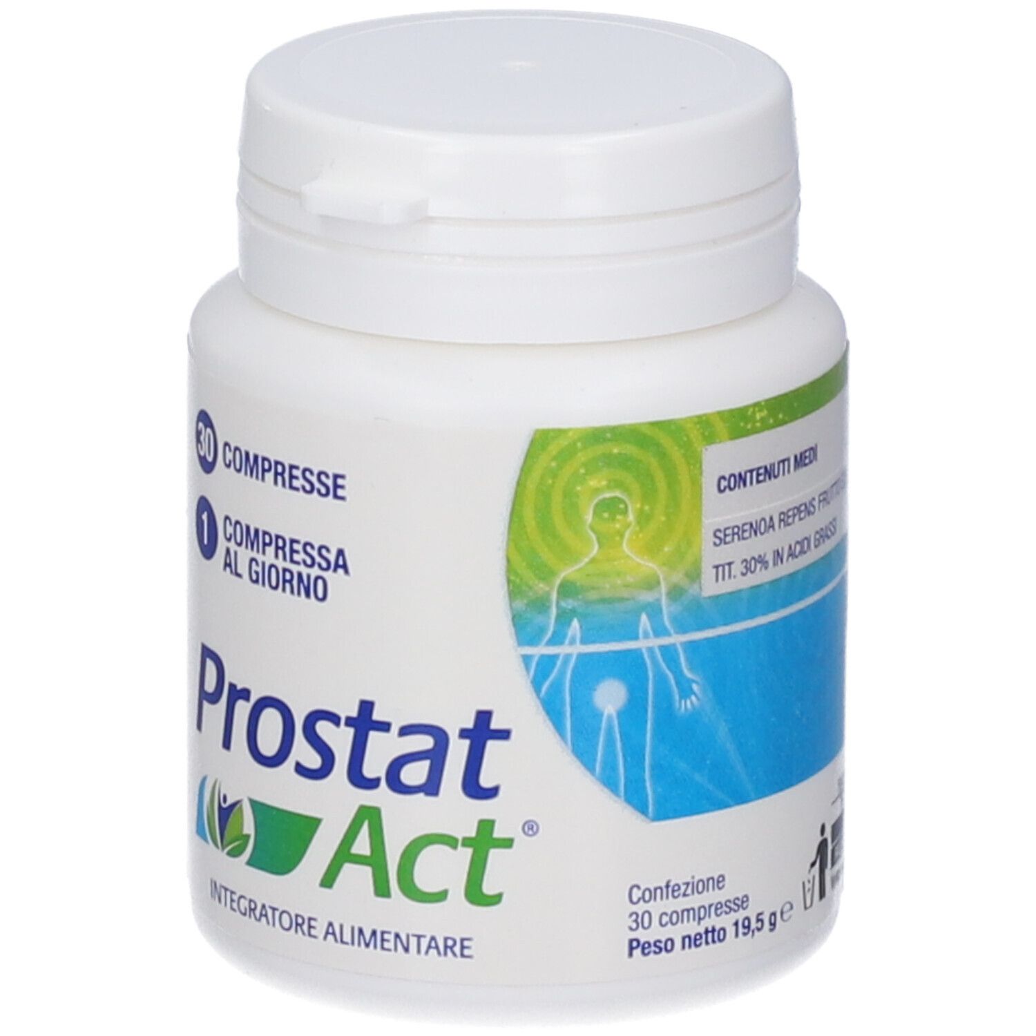 Weiße Flasche mit grün-blauem Etikett. Aufschrift: Prostat Act, 30 Tabletten, 1 Tablette täglich. Nahrungsergänzungsmittel.
