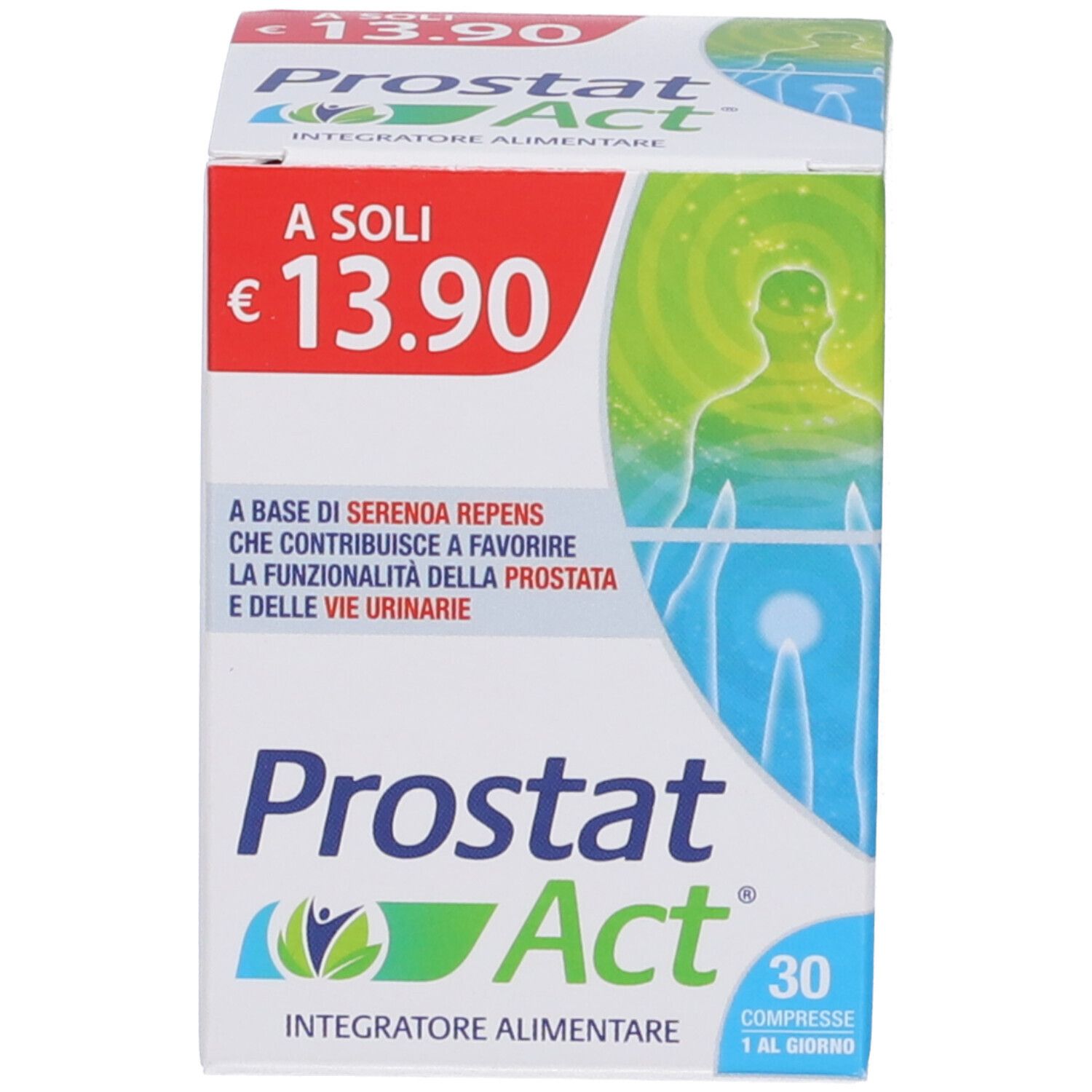 Kartonverpackung mit Aufschrift Prostat Act, 30 Tabletten. Preis: 13,90 €. Enthält Informationen zur Prostata.