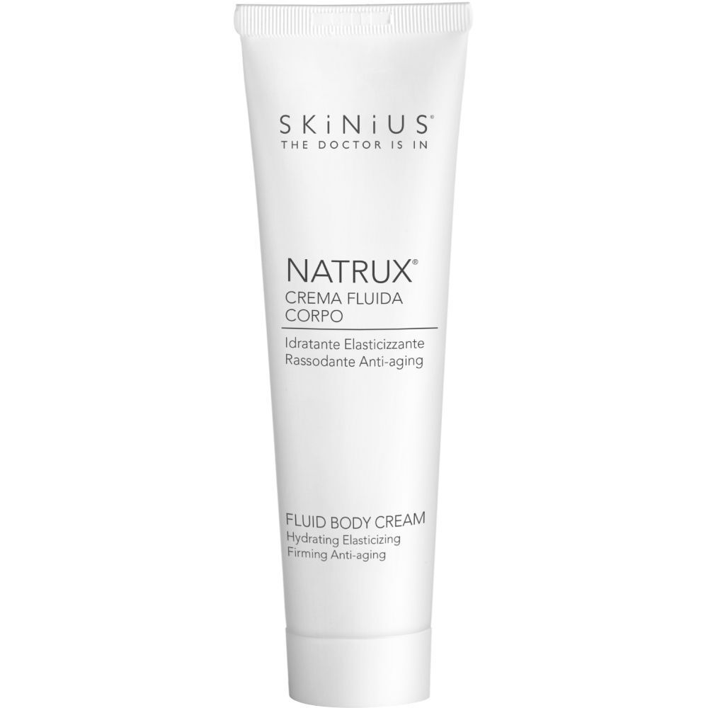 Tubo bianco con nome del prodotto e testo. Marchio Skinius. Natrux Crema Fluida Corpo. Fluid Body Cream. Testo in italiano e inglese.