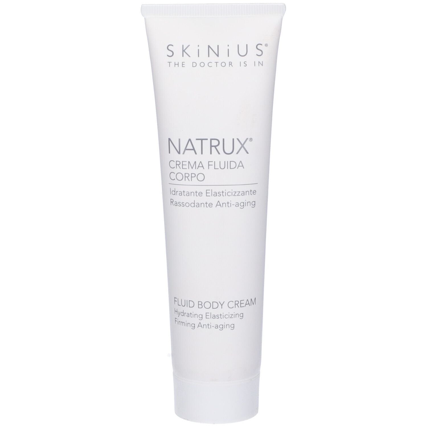 Tubo bianco con nome del prodotto e testo. Marchio Skinius. Natrux Crema Fluida Corpo. Fluid Body Cream. Testo in italiano e inglese.