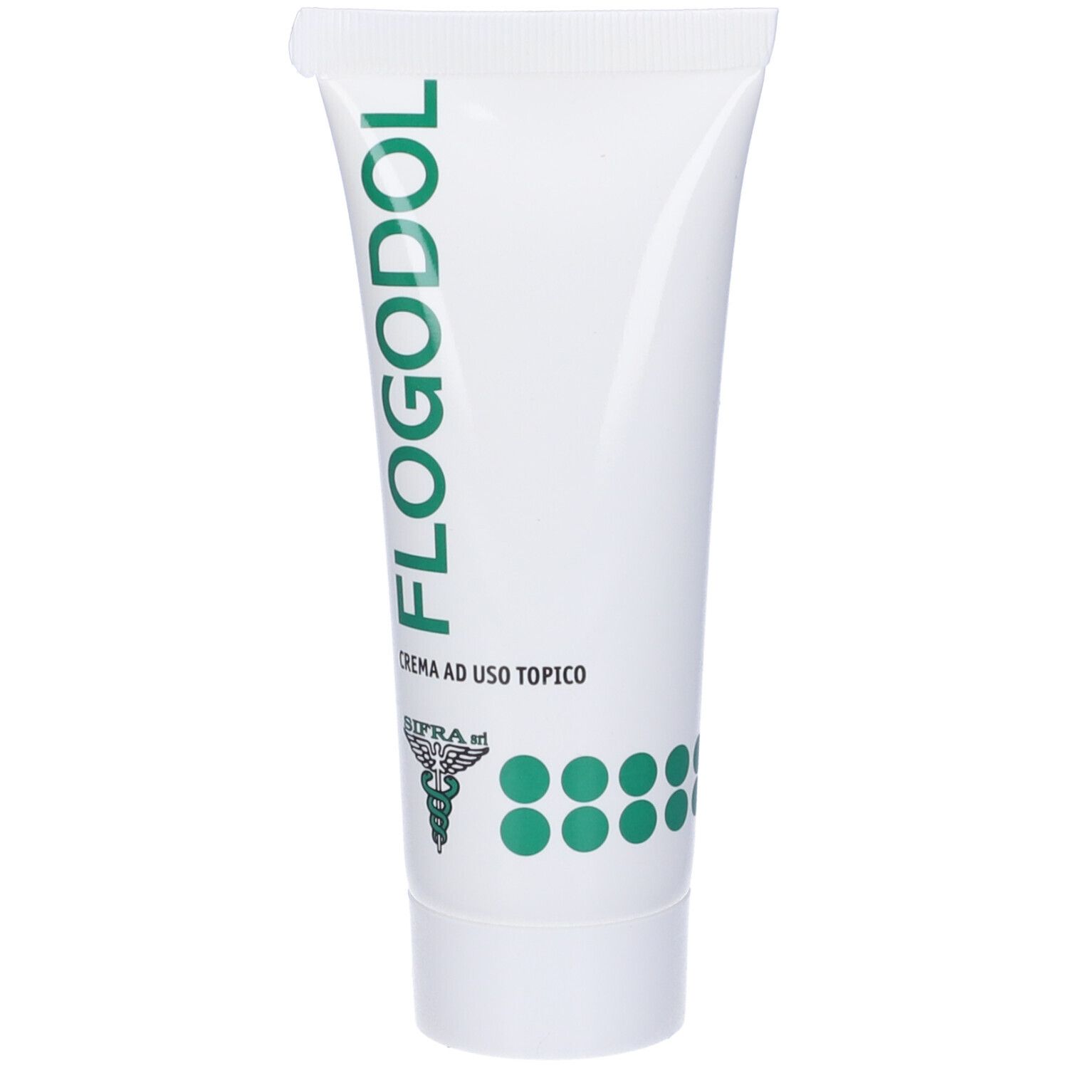 Tubo bianco con nome del prodotto verde. Scritta 'Crema ad uso topico'.
