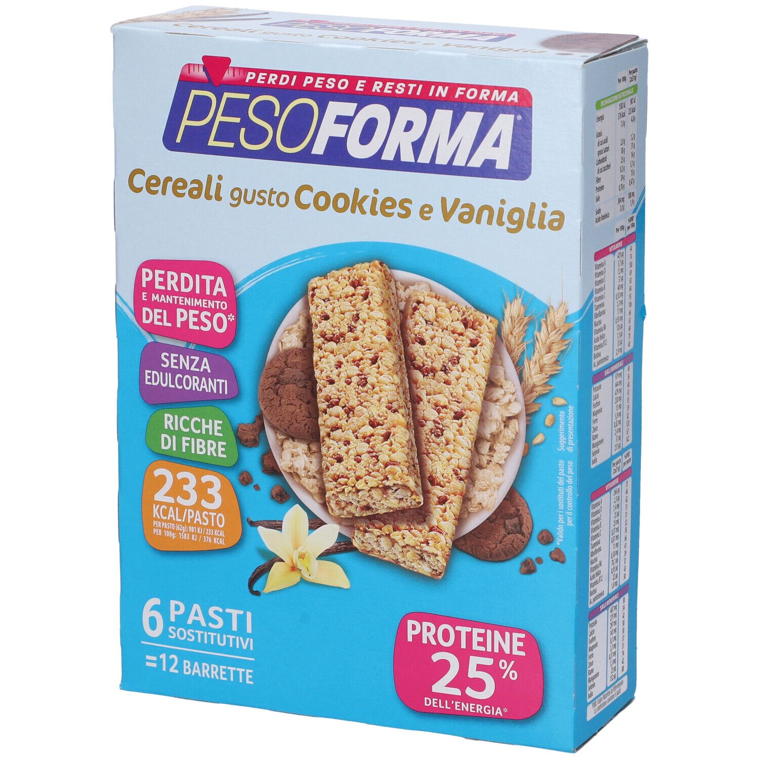 Confezione Pesoforma Cereali Cookies Vaniglia. Barrette, testo e loghi visibili. 6 pasti, 12 barrette.