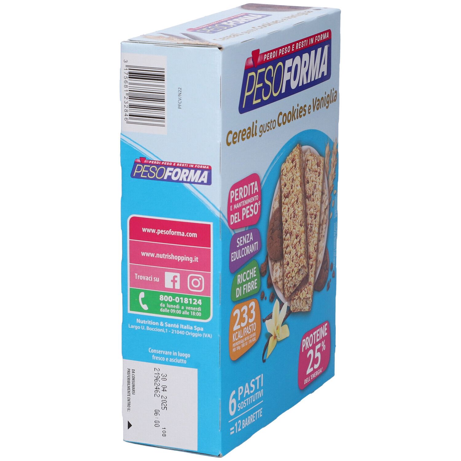 Confezione Pesoforma Cereali Cookies Vaniglia. Vista laterale con testo, loghi e codice a barre. 6 pasti, 12 barrette.