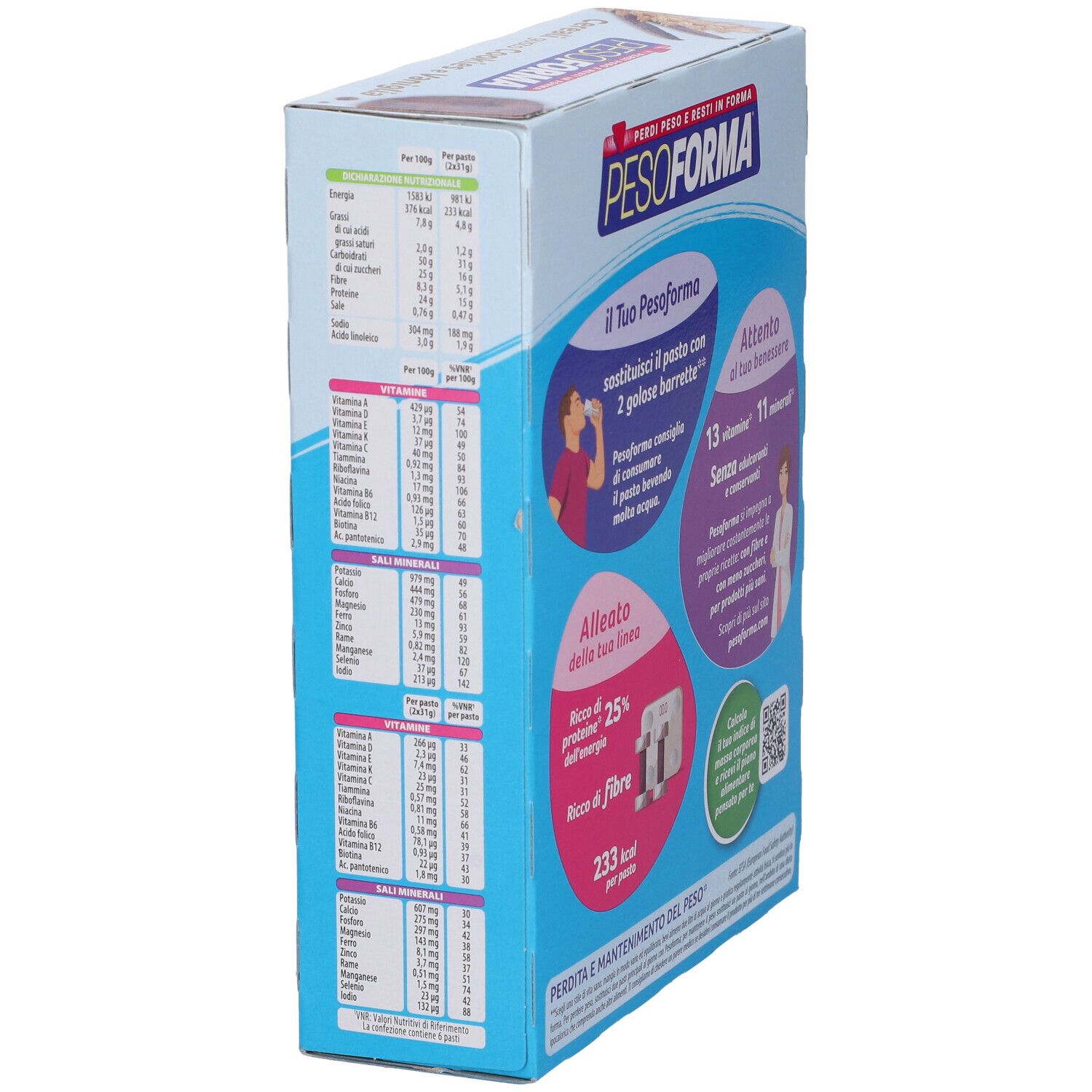 Vista laterale della confezione Pesoforma Cereali Cookies Vaniglia. Informazioni nutrizionali e testo. 13 vitamine, 11 minerali.