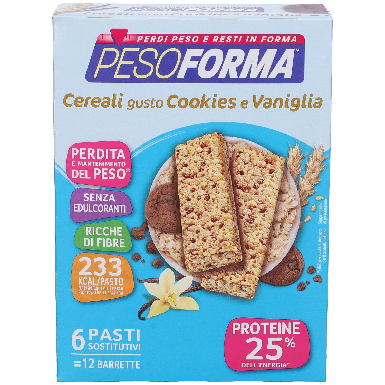Confezione Pesoforma Cereali Cookies Vaniglia. Barrette, testo e loghi visibili. 6 pasti, 12 barrette.