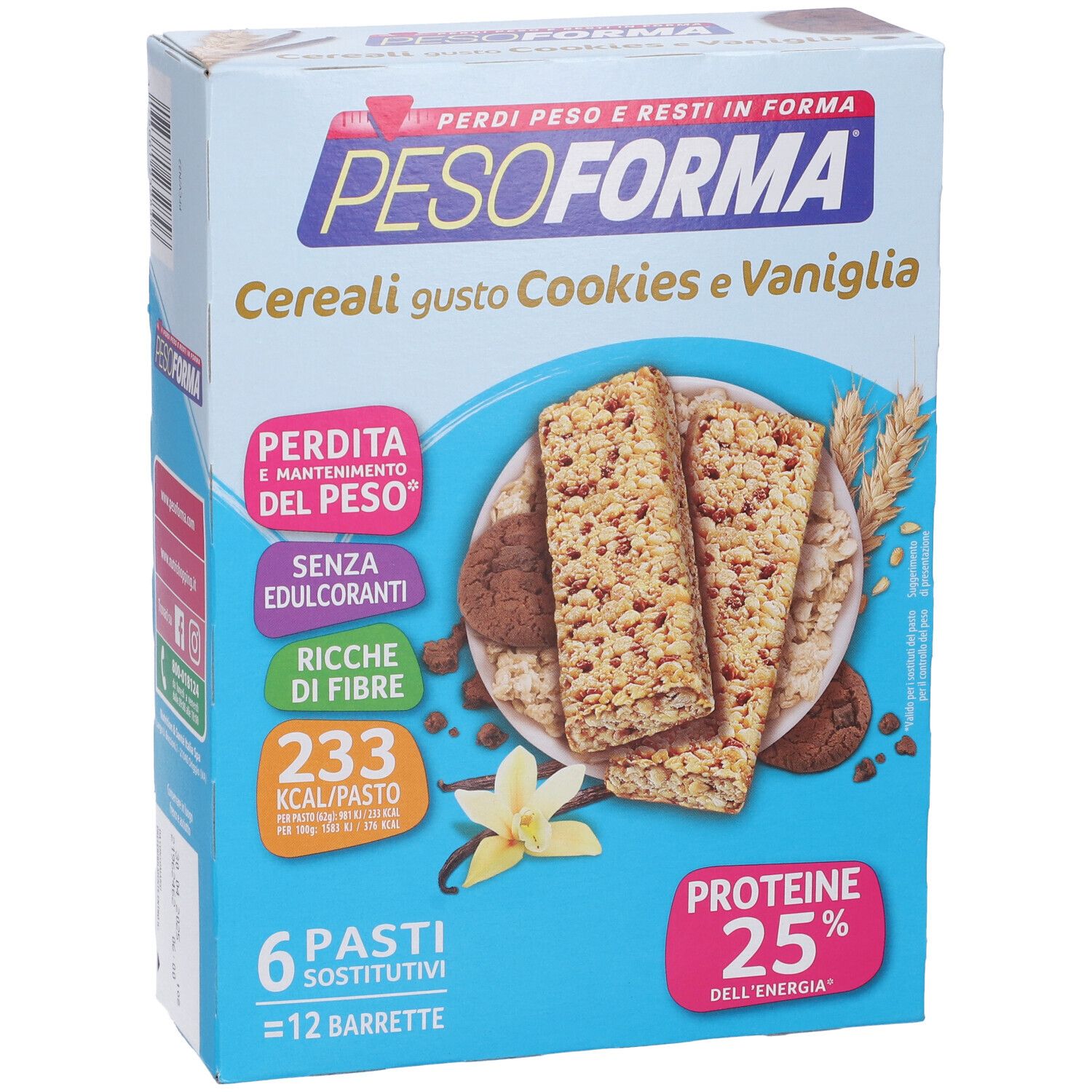 Confezione Pesoforma Cereali Cookies Vaniglia. Barrette, testo e loghi visibili. 6 pasti, 12 barrette.